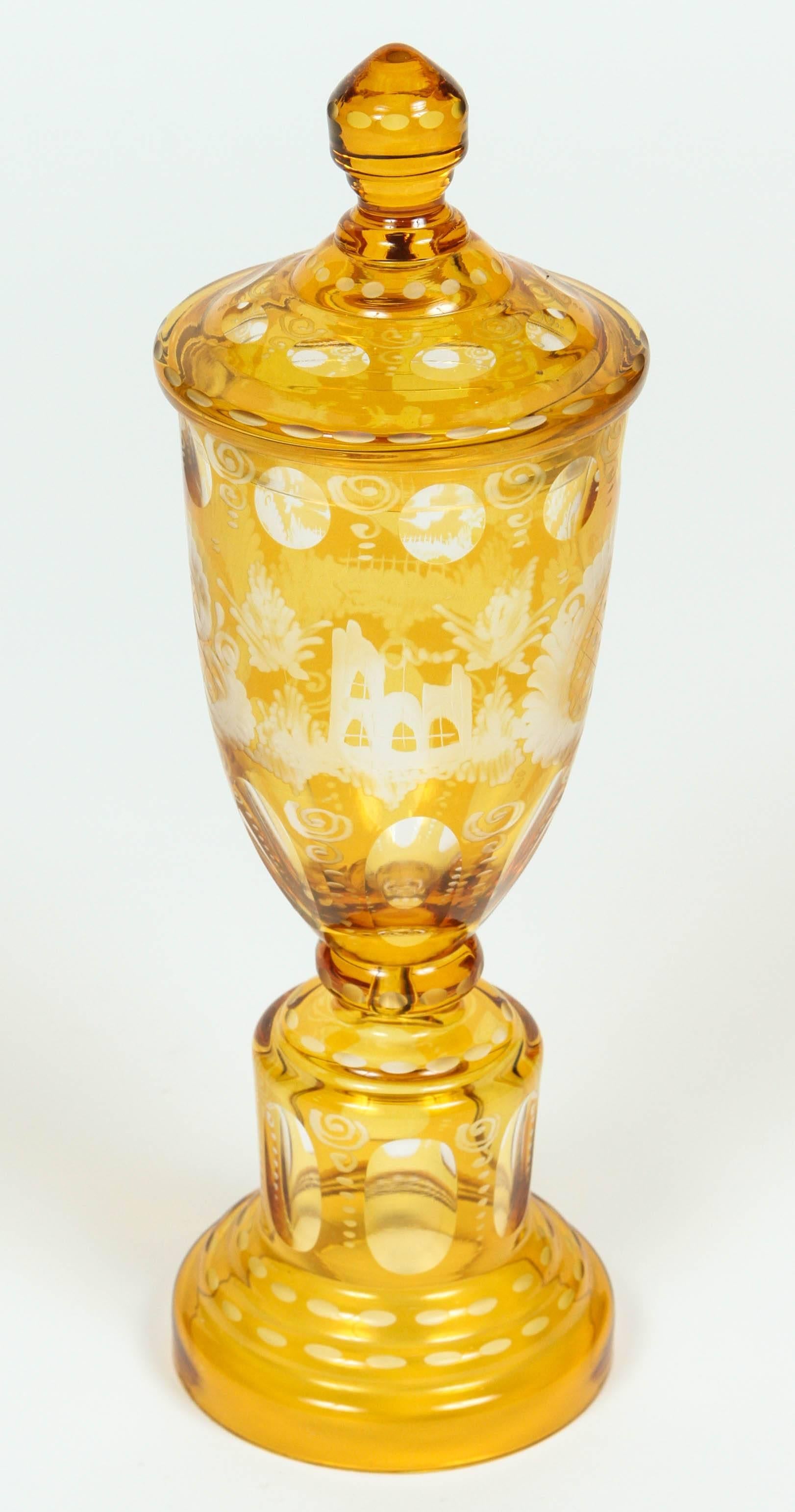 Vintage Bohemian glass footed jar with lid, circa mid-1800s.

 