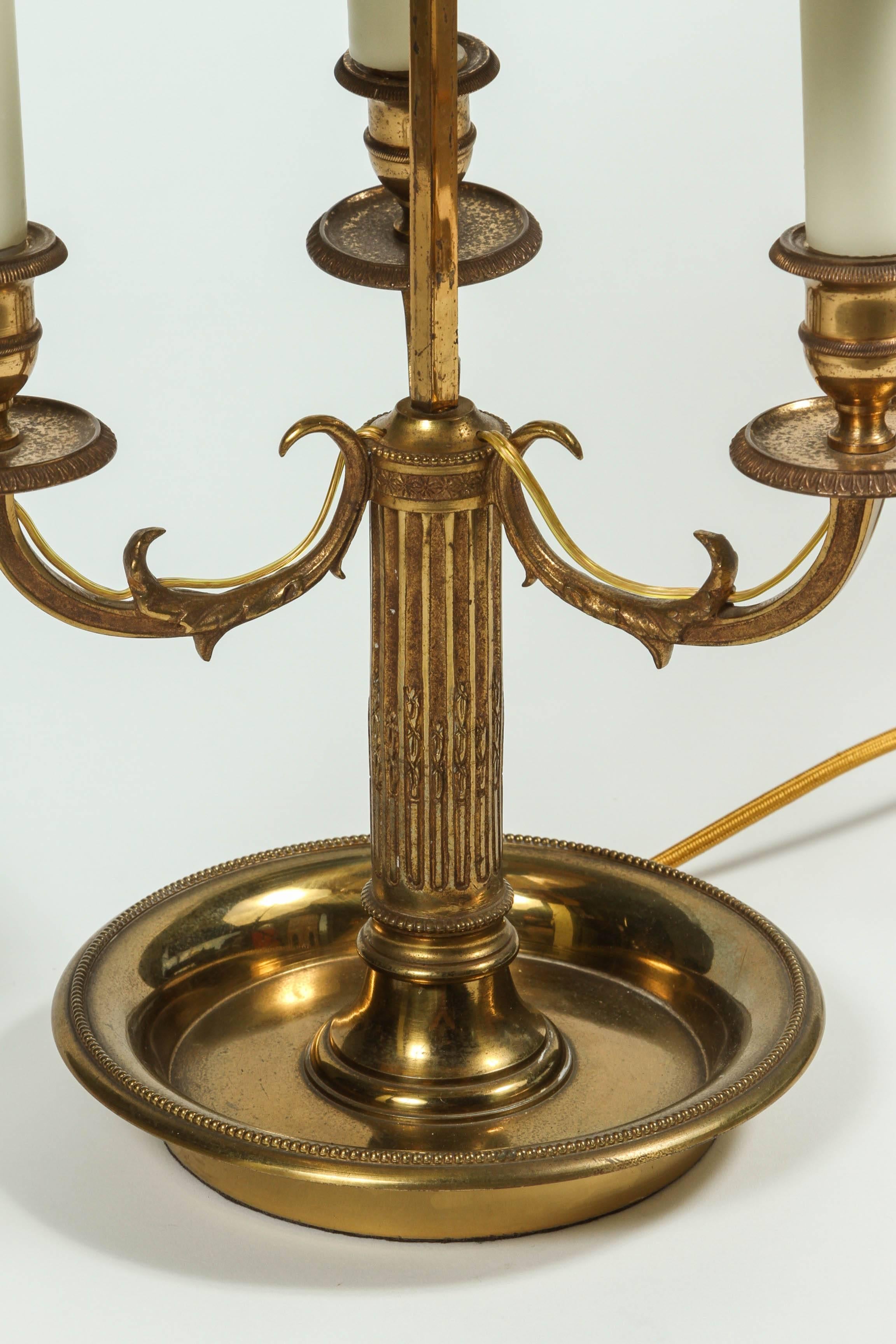 Louis XVI Brass Three-Light Bouillotte Lamp with Adjustable Green Tole Shade, 20th Century