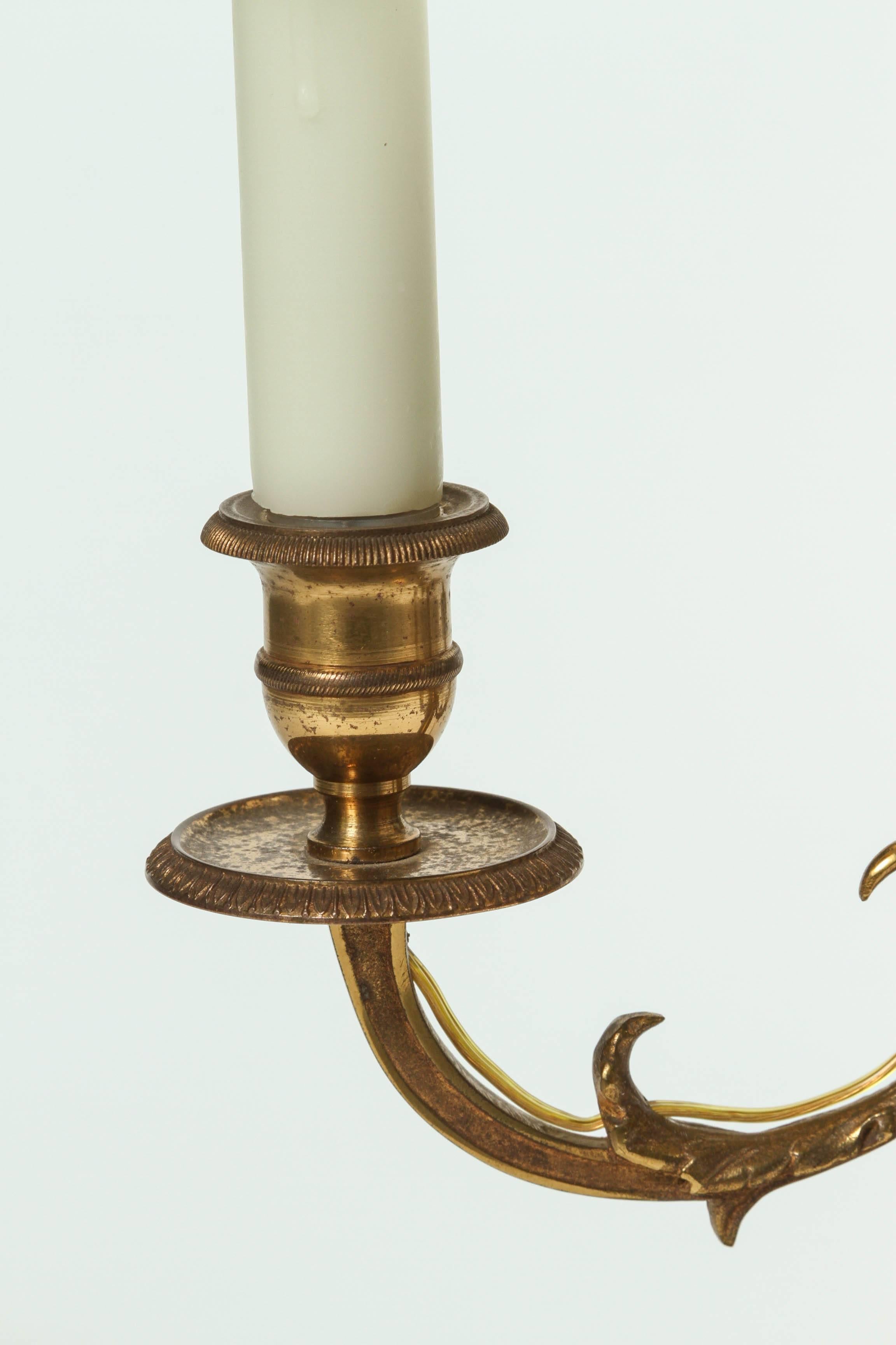 American Brass Three-Light Bouillotte Lamp with Adjustable Green Tole Shade, 20th Century