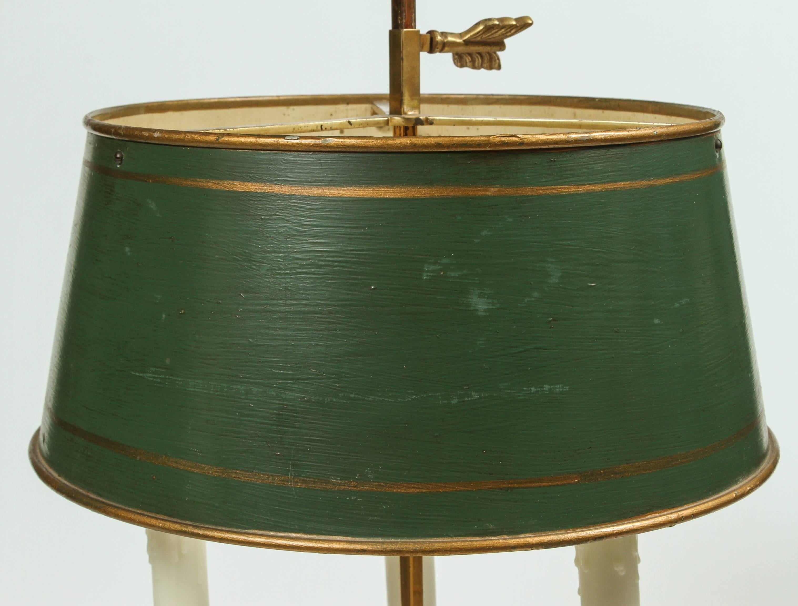 Brass Three-Light Bouillotte Lamp with Adjustable Green Tole Shade, 20th Century 1