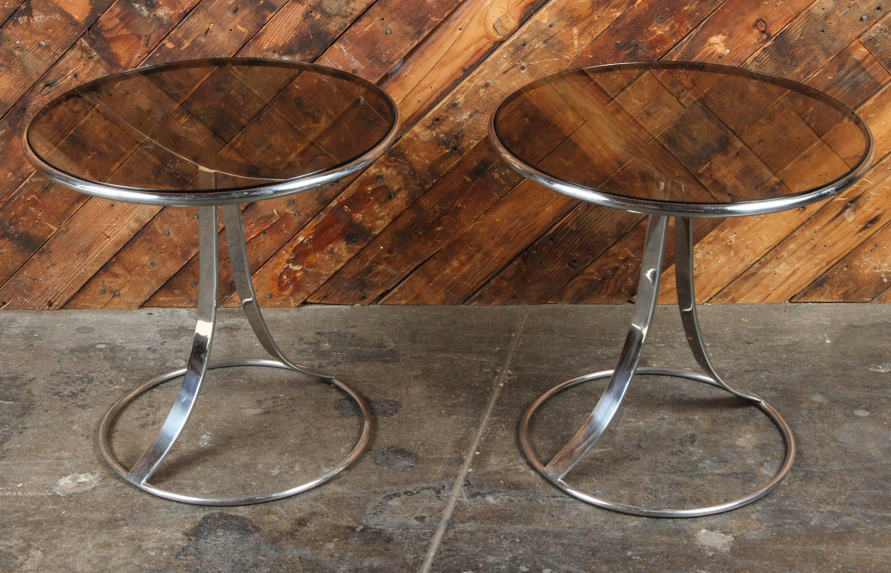 Perfect pair of end tables by Gardner Leaver for Steelcase
polished steel and smoked glass side tables,
1960s.