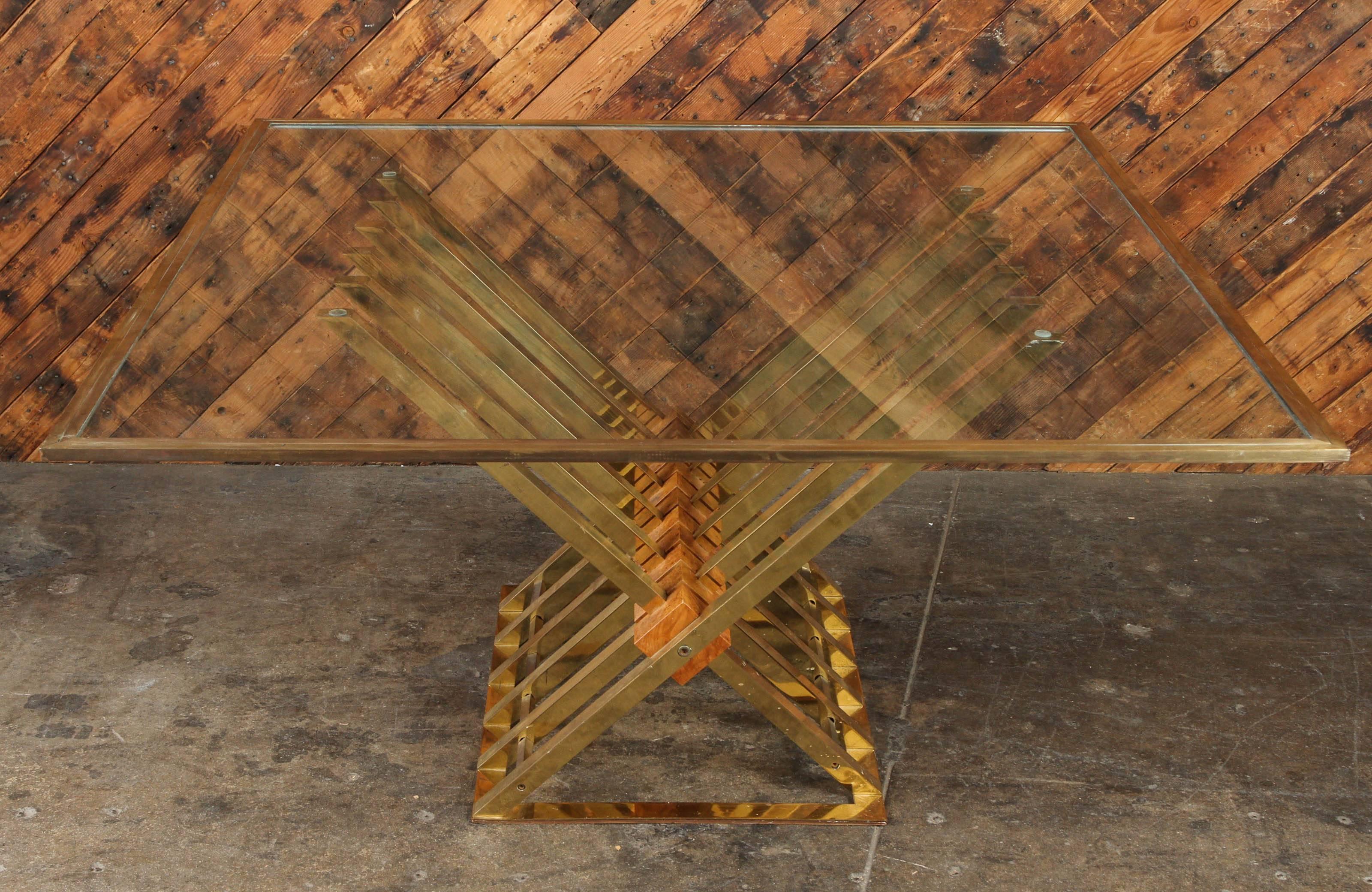 Mid-Century Modern Vintage Brass, Burl and Glass Dining Table in the Manner of Milo Baughman
