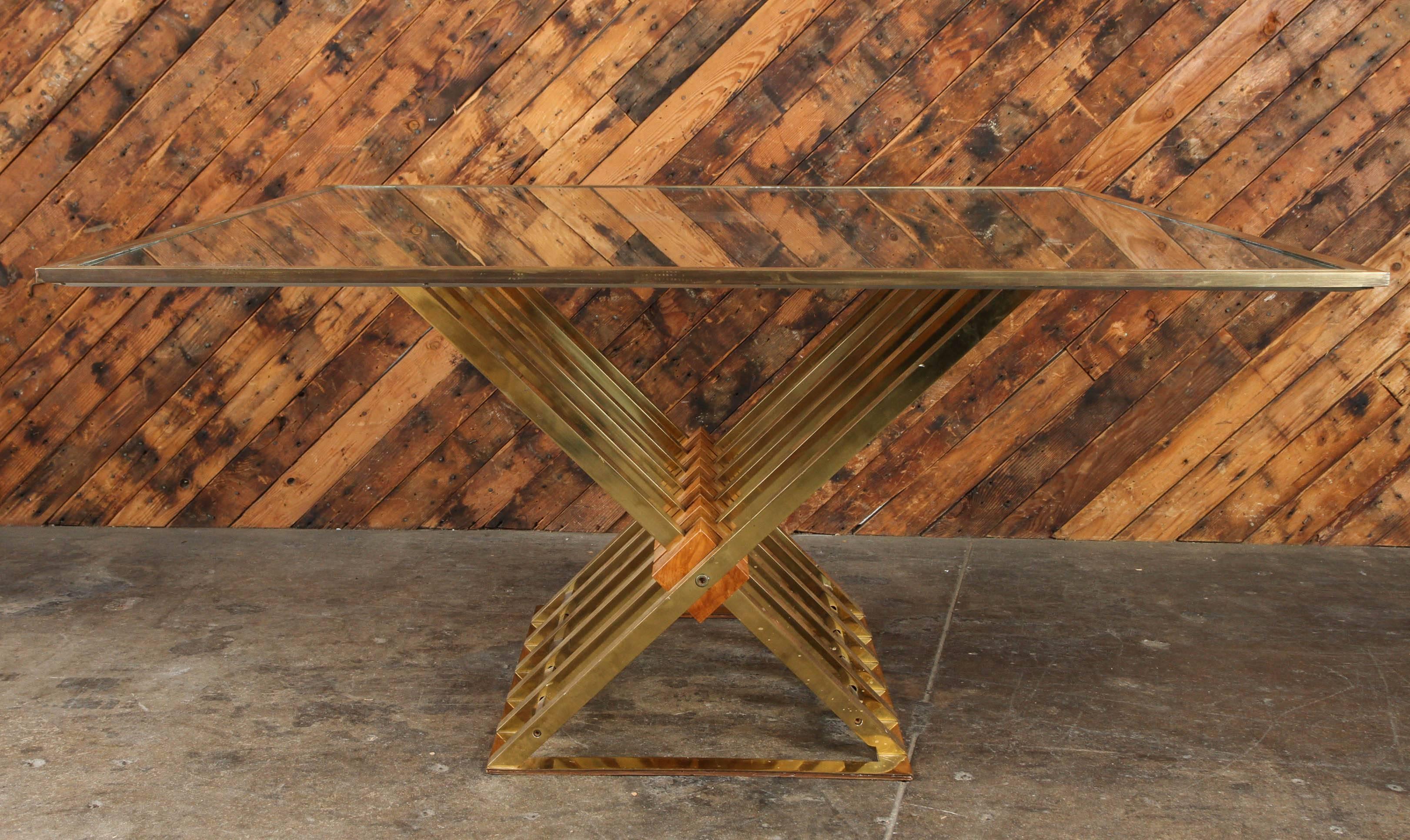 American Vintage Brass, Burl and Glass Dining Table in the Manner of Milo Baughman