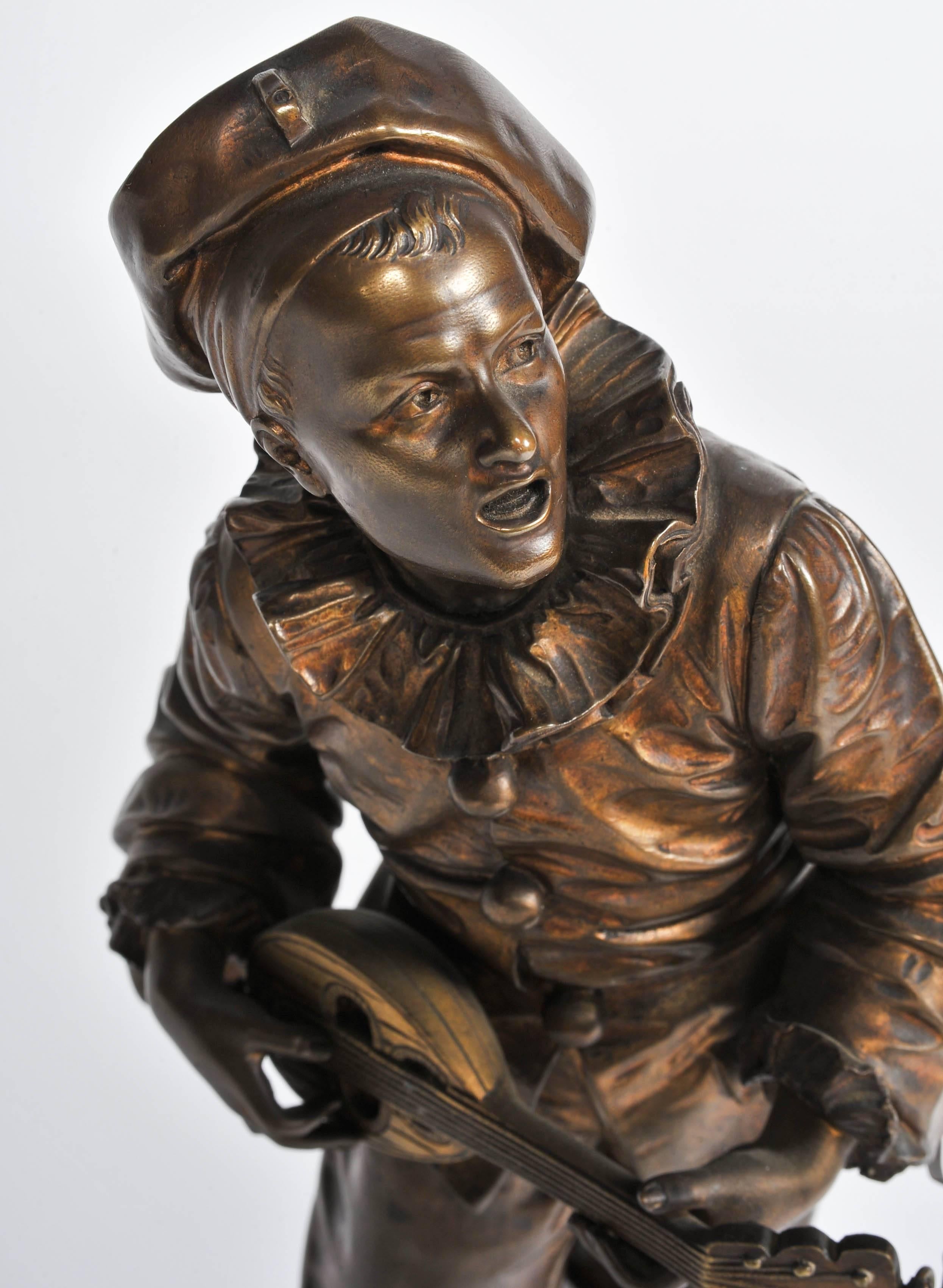 A very good quality French patinated bronze study of a Pierrot signed Bouret.