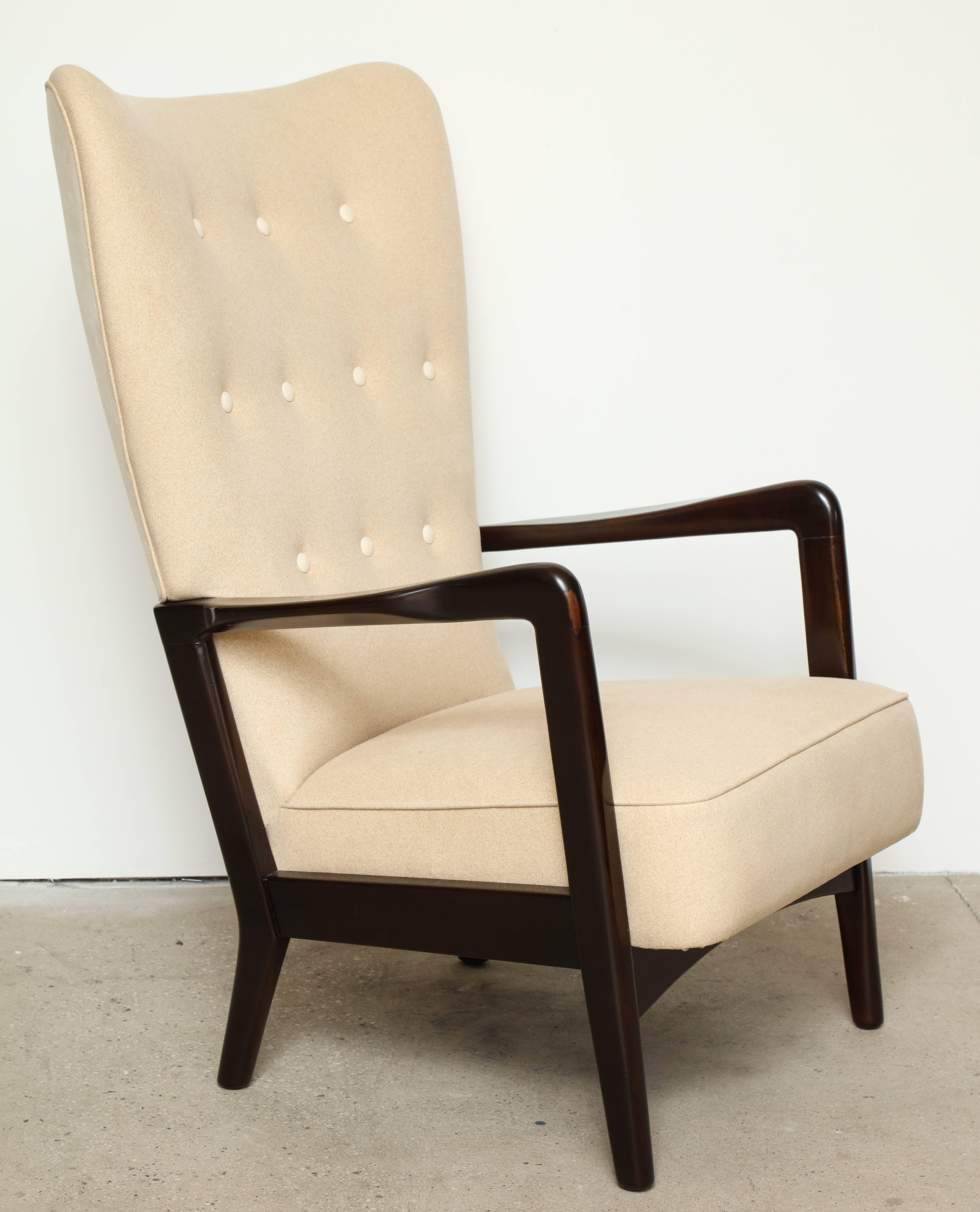 Soren Hansen armchair for Fritz Hansen upholstered in flannel suede circa 1950, contrast back and covered buttons.