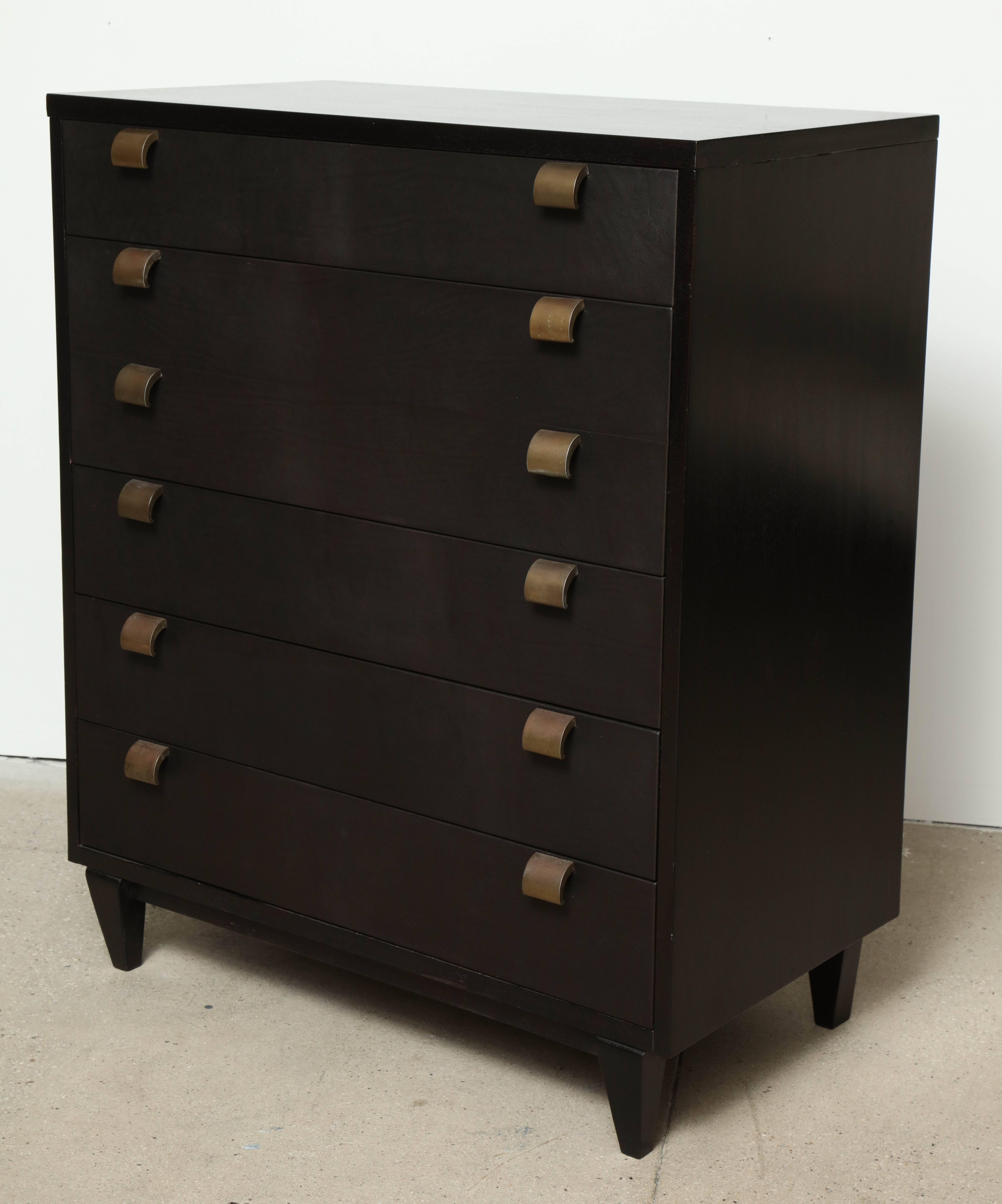 Tall chest of drawers by American of Martinsville, sable finished with leather clad drawer fronts, circa 1950.