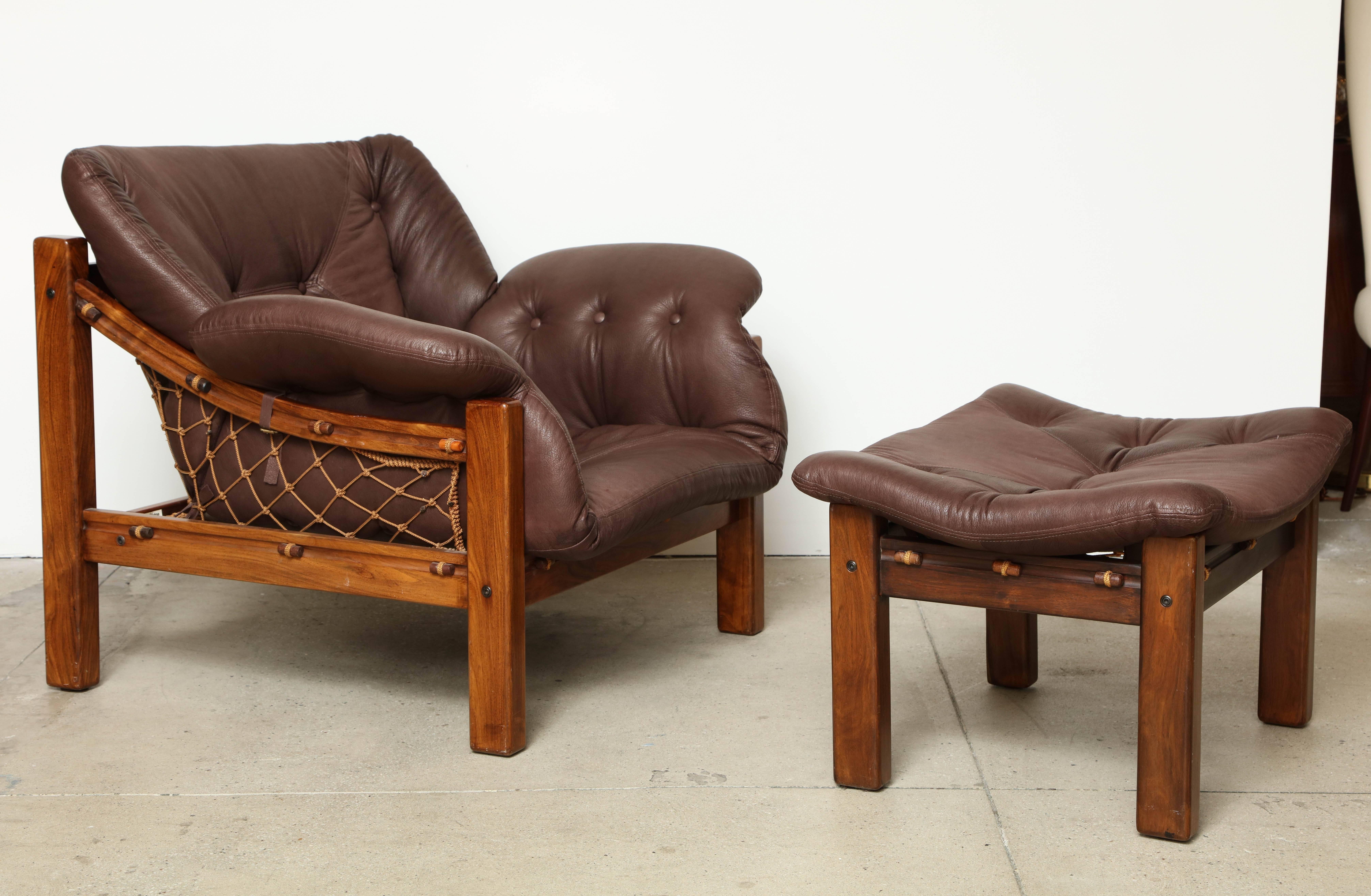Jean Gillon rosewood chair and ottoman set for Italma of Brazil, circa 1960 with new leather upholstered cushions.