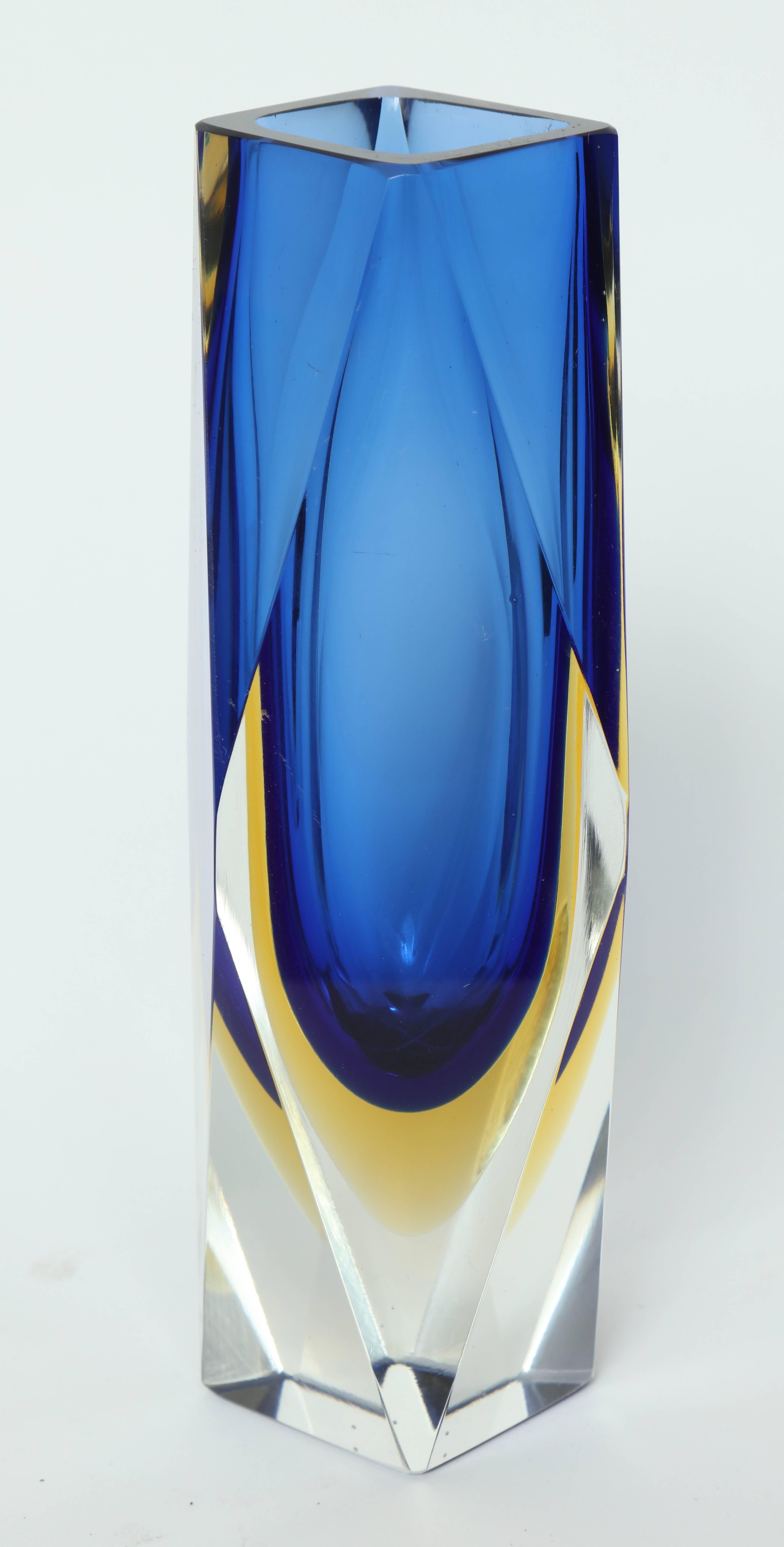 Italian Mid-Century faceted Murano glass vase in cobalt blue and amber yellow.
