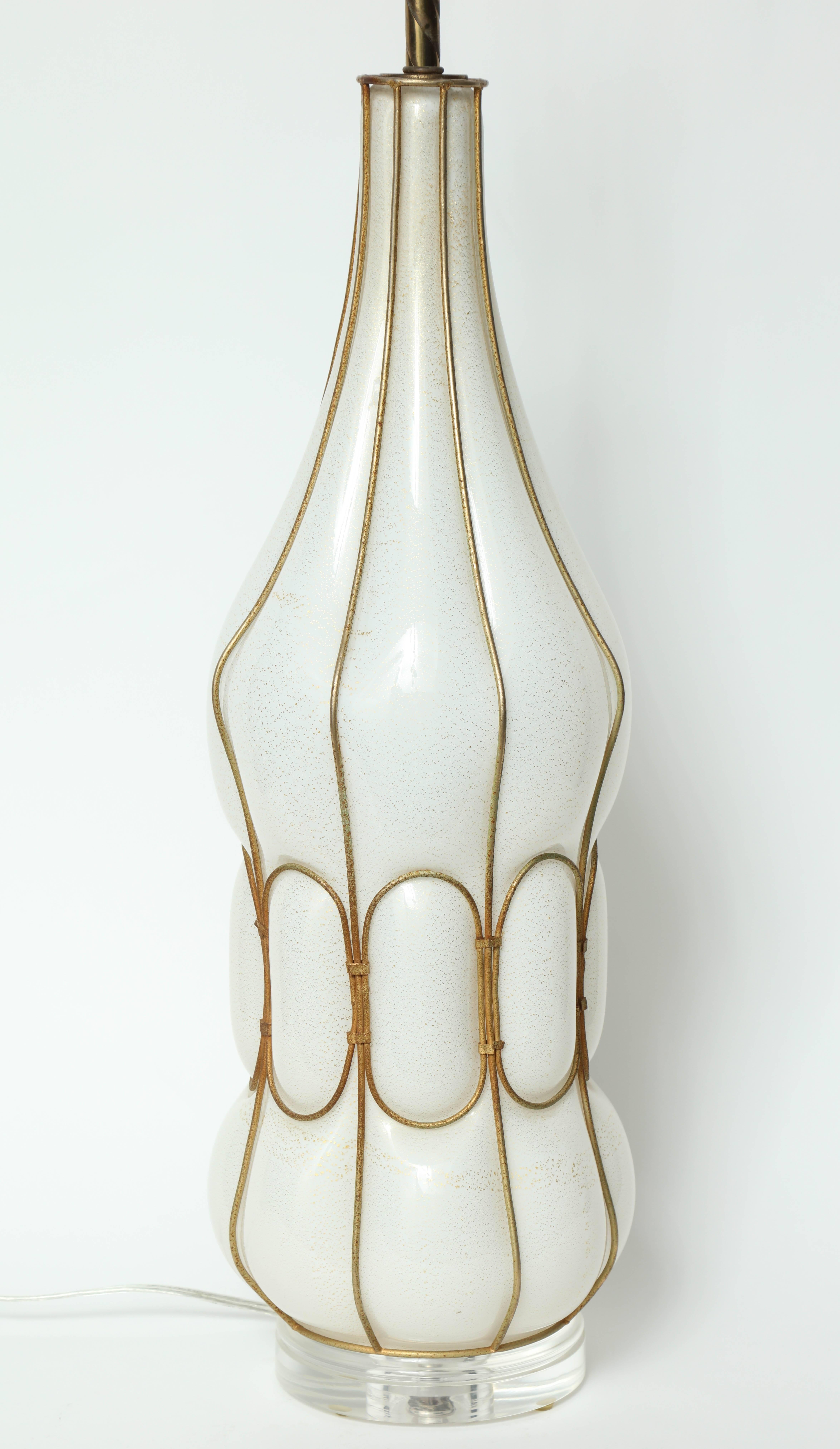 Mid-Century Modern Marbro Caged White Murano Glass Lamp