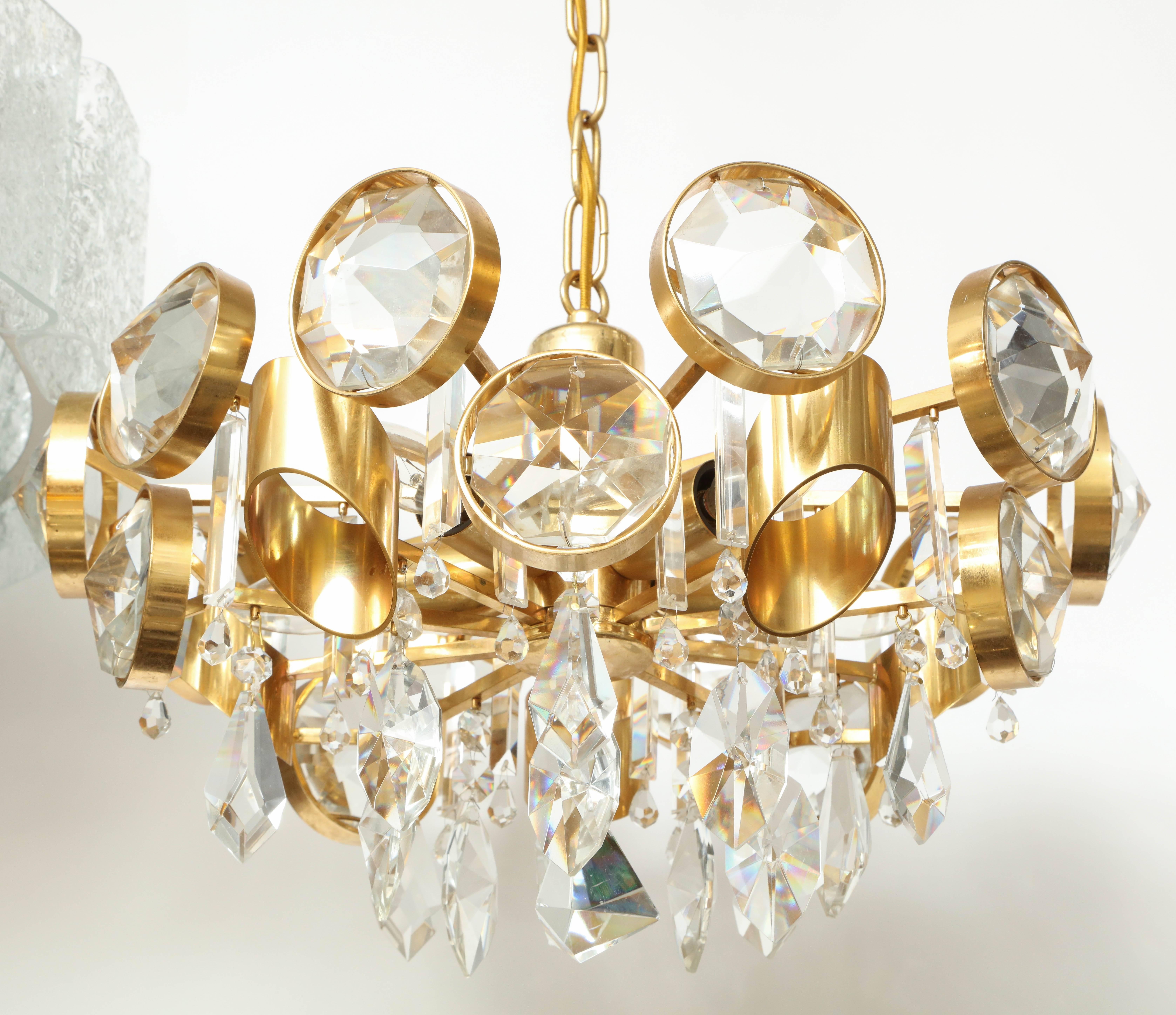Austrian Ernest Palme Faceted Crystal and Gilt Brass Chandelier For Sale