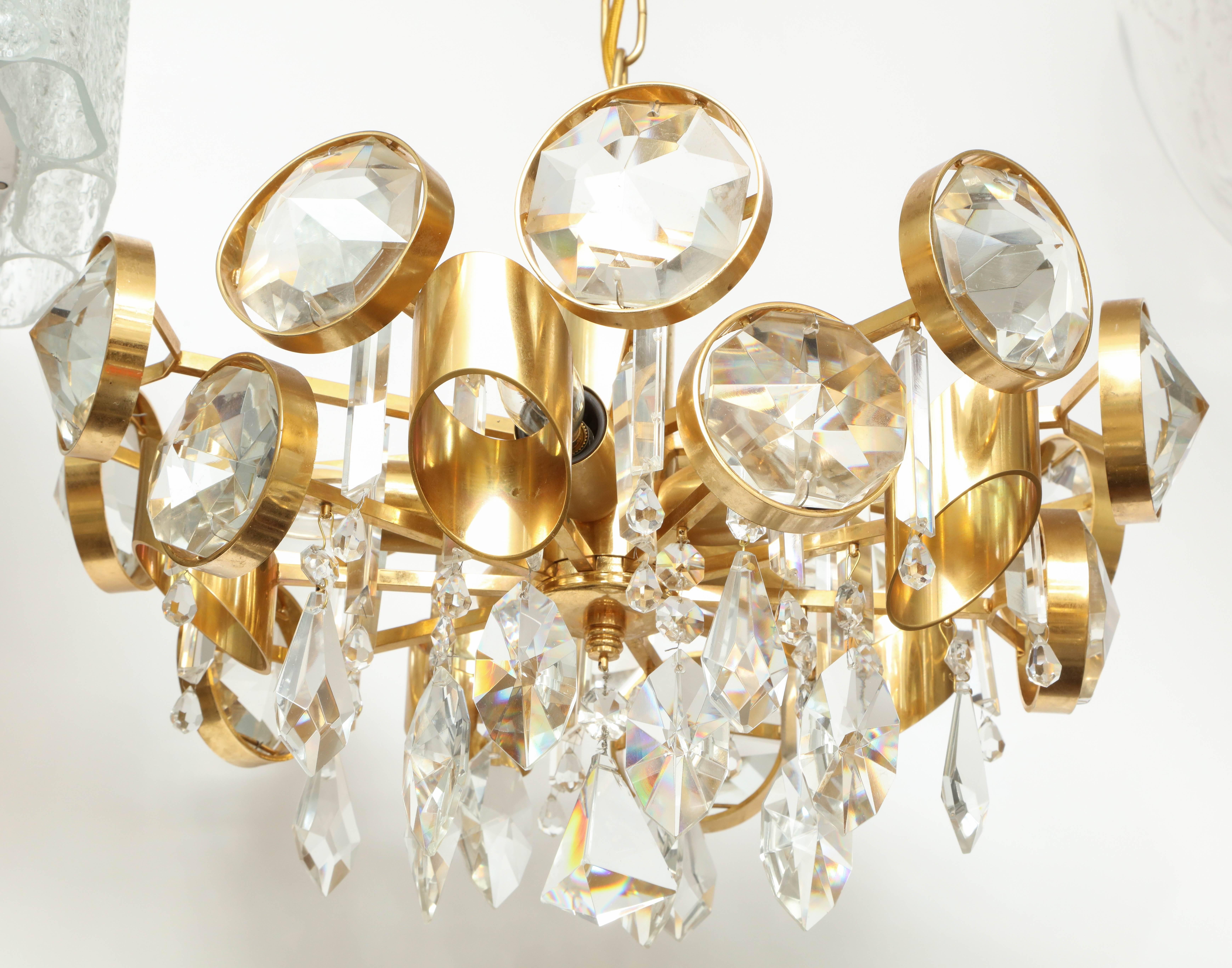 20th Century Ernest Palme Faceted Crystal and Gilt Brass Chandelier For Sale