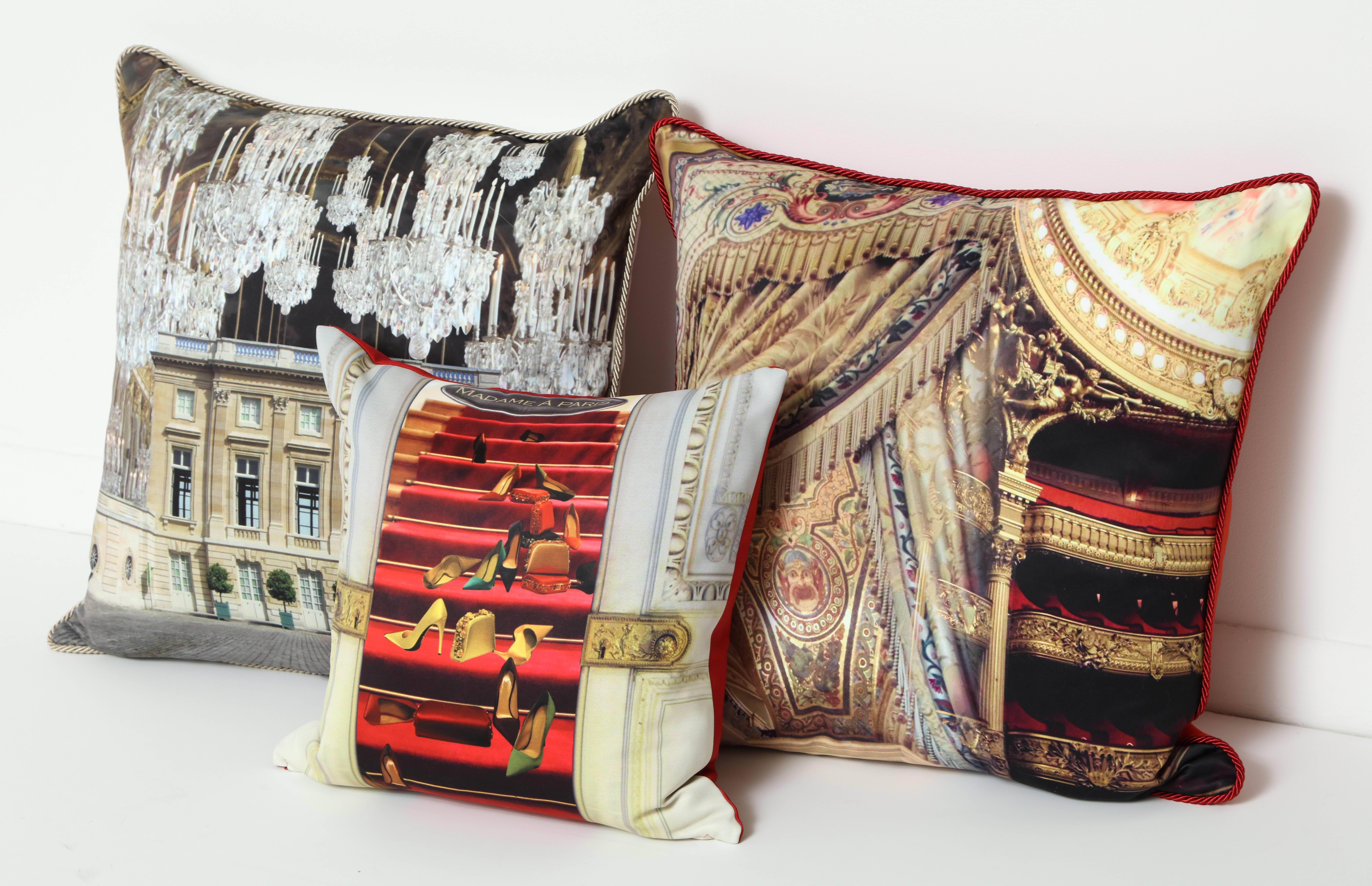 Group of three silk pillows with beautiful pictures of the opera in Paris. Two large silk pillows, each pillow is 23 inches x 23 inches, $475 each and the medium size pillow is 17 inches x 17 inches, $350.