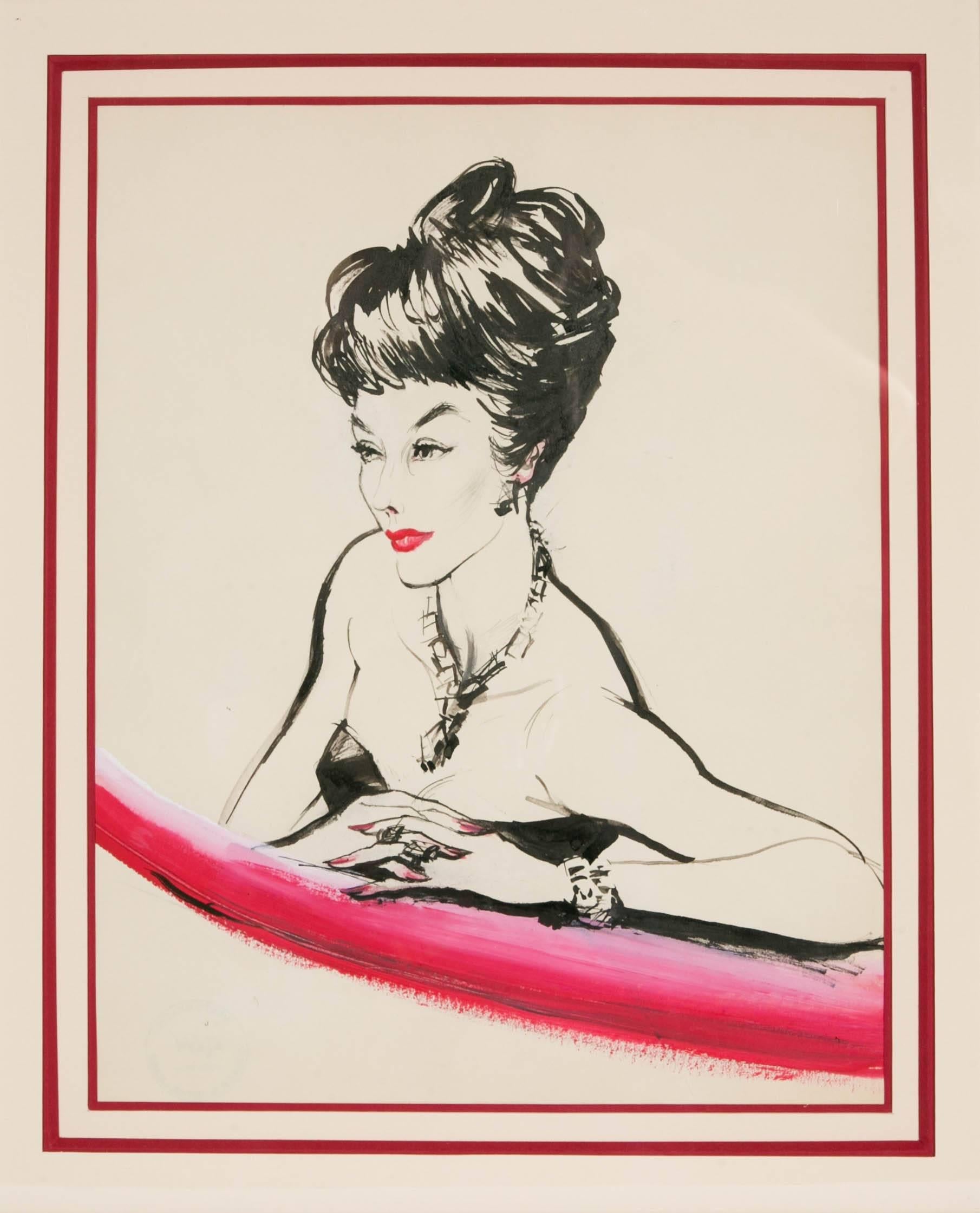 Drawing representing an elegant lady, black ink and red gouache. Workshop sale stamp at the back.
French illustrator Rene Bouët-Willaumez (1900-1979) was born in Brittany, France in 1900. In 1929 he started working for the French edition of Vogue.
