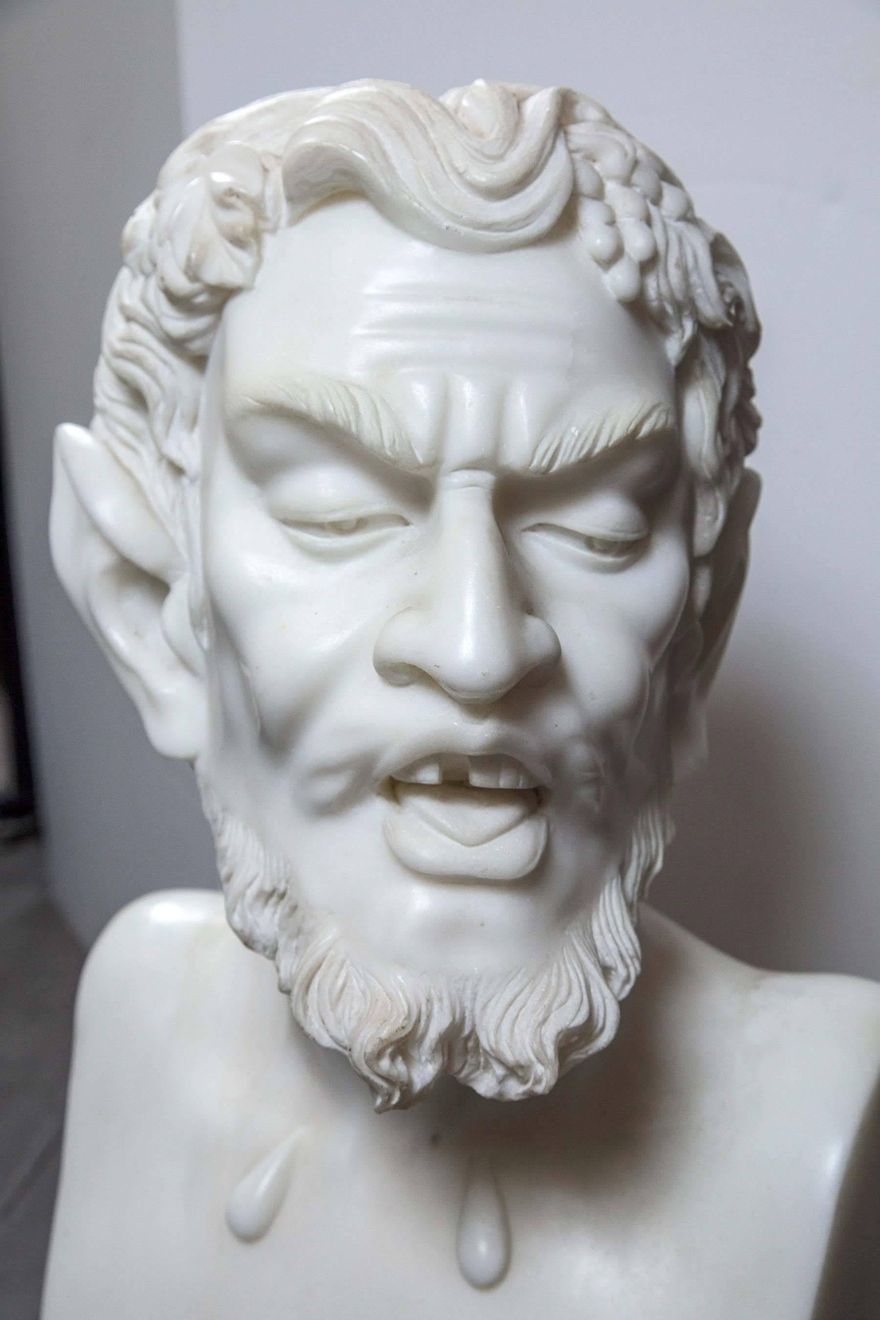 Hand-Carved Solid White Marble Bust of the Satyr For Sale