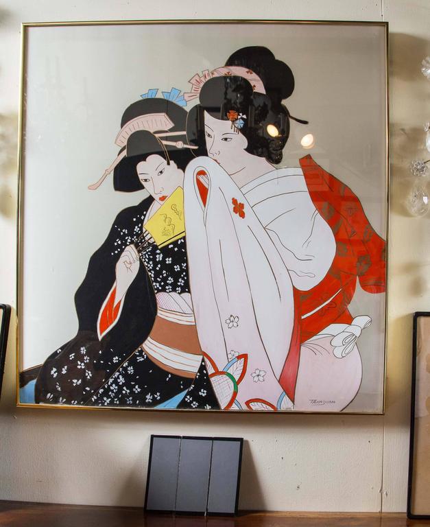 Japanese Silk Screen of Two Geishas at 1stDibs