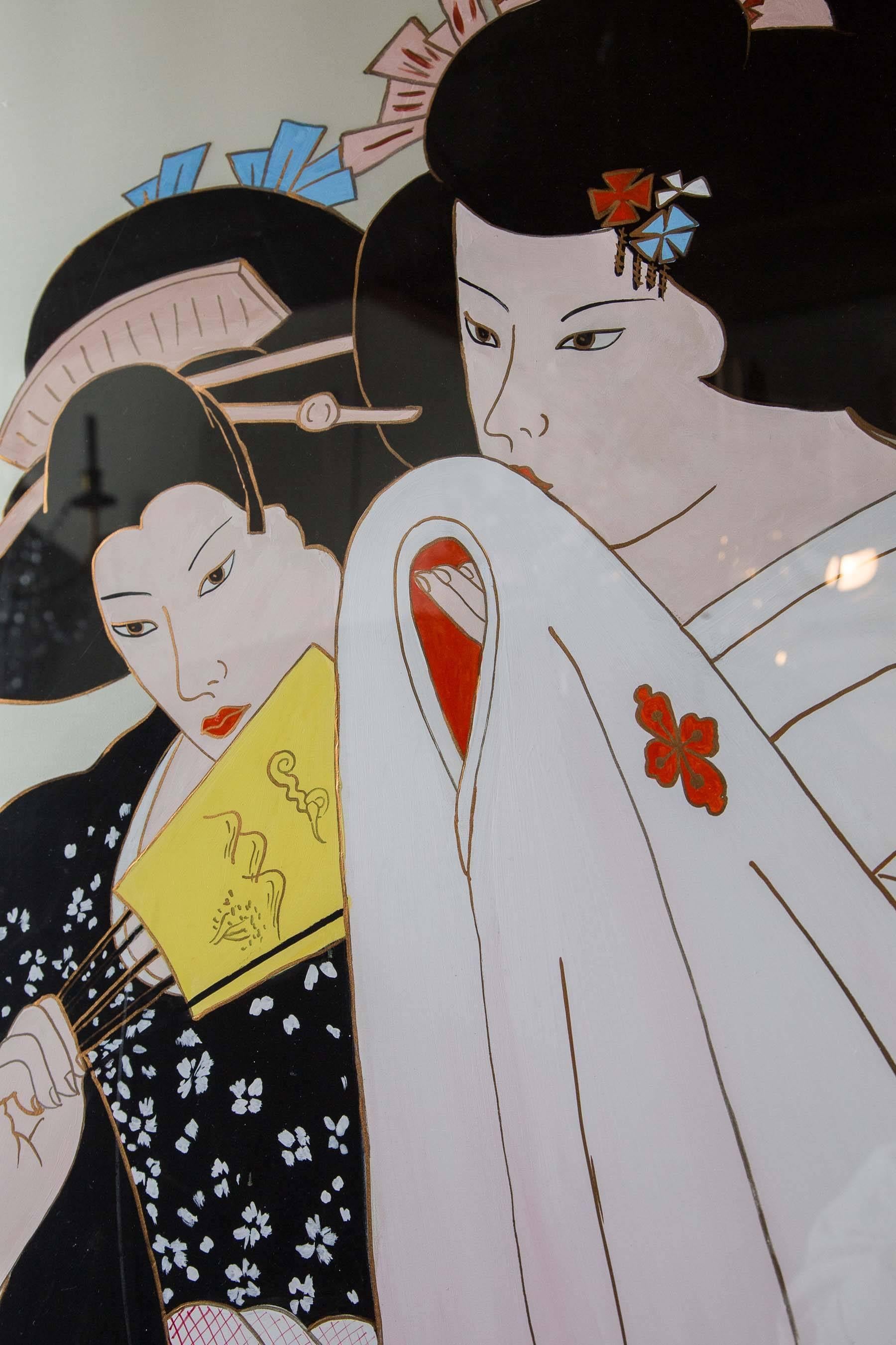 20th Century Japanese Silk Screen of Two Geishas