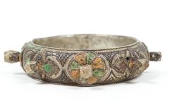 Moroccan Berber Silver Bracelet with Green and Orange Enamel