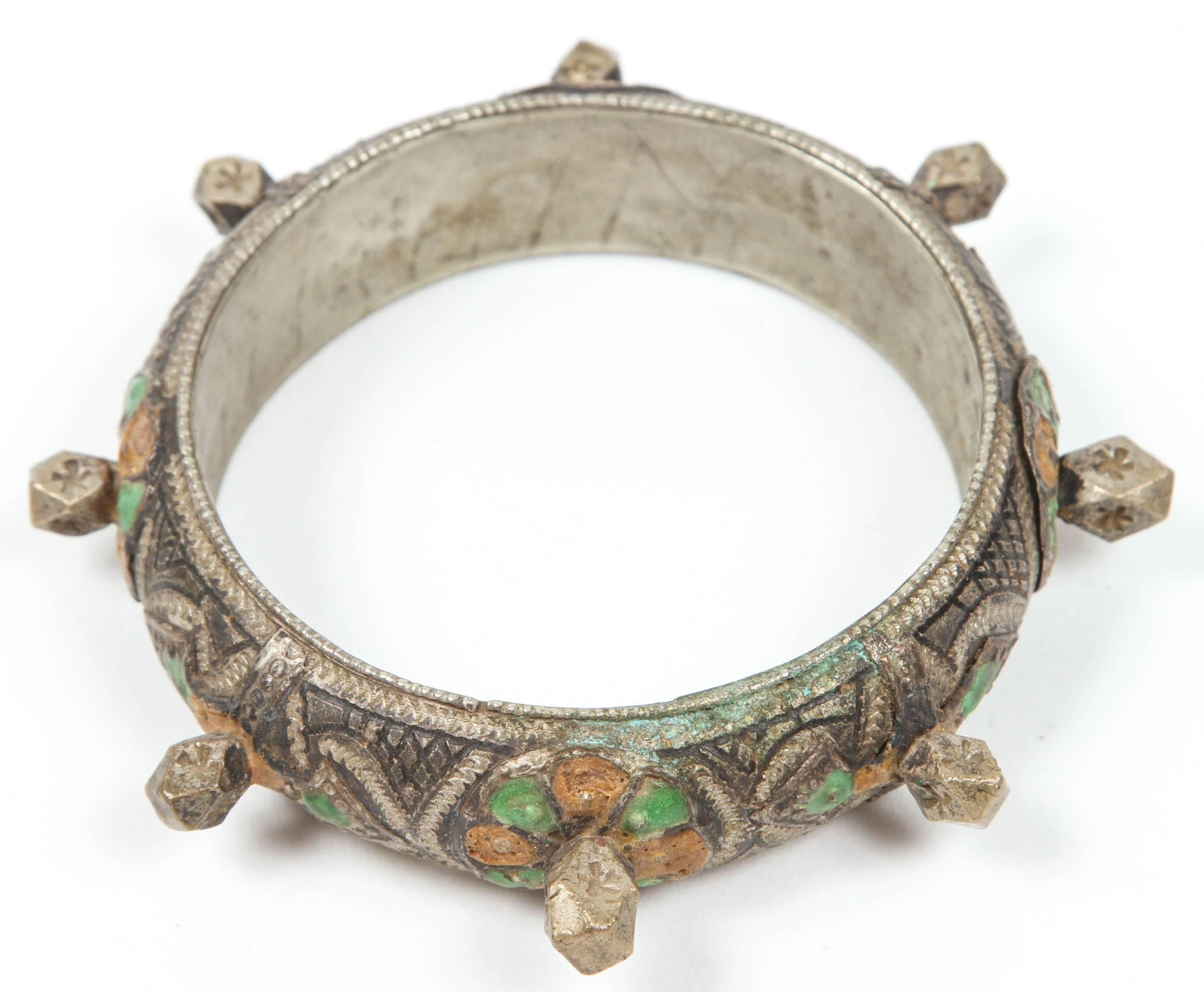 Folk Art Moroccan Berber Silver Bracelet with Green and Orange Enamel For Sale