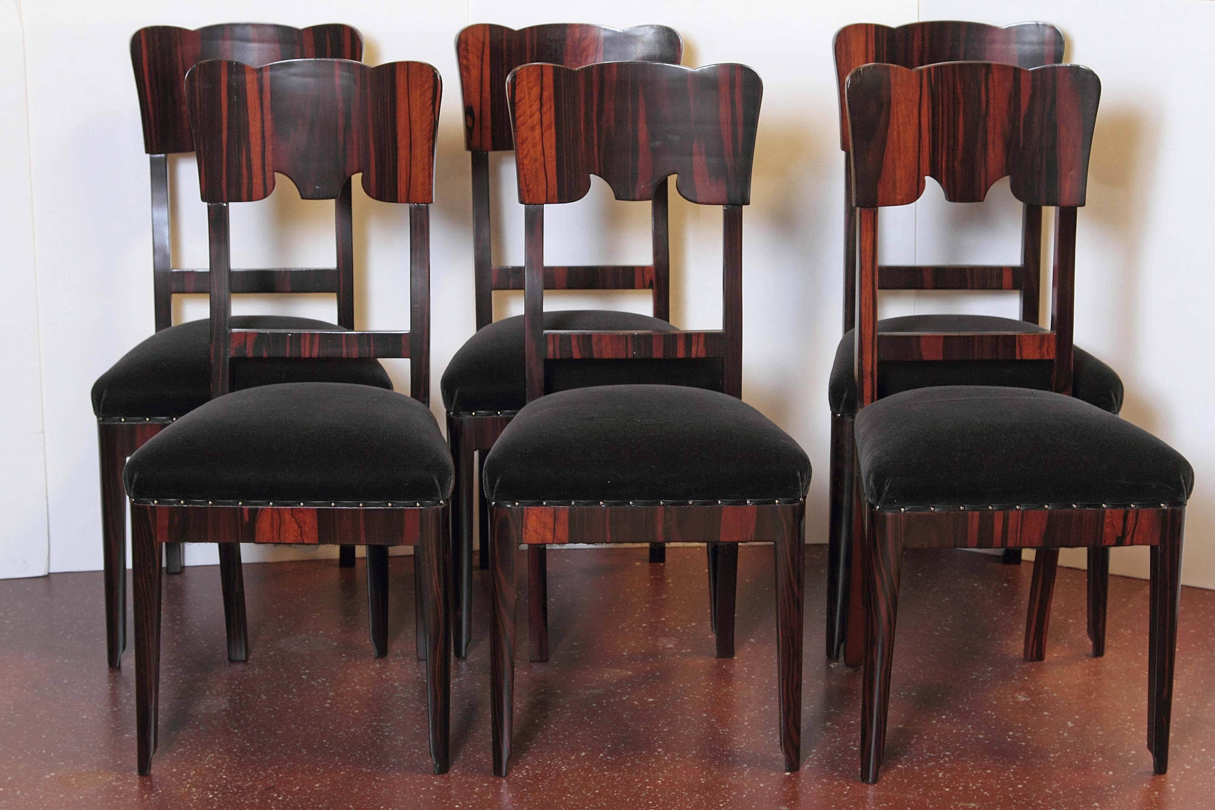 Set of Six French Art Deco Rosewood Veneered Side Chairs In Excellent Condition In Dallas, TX