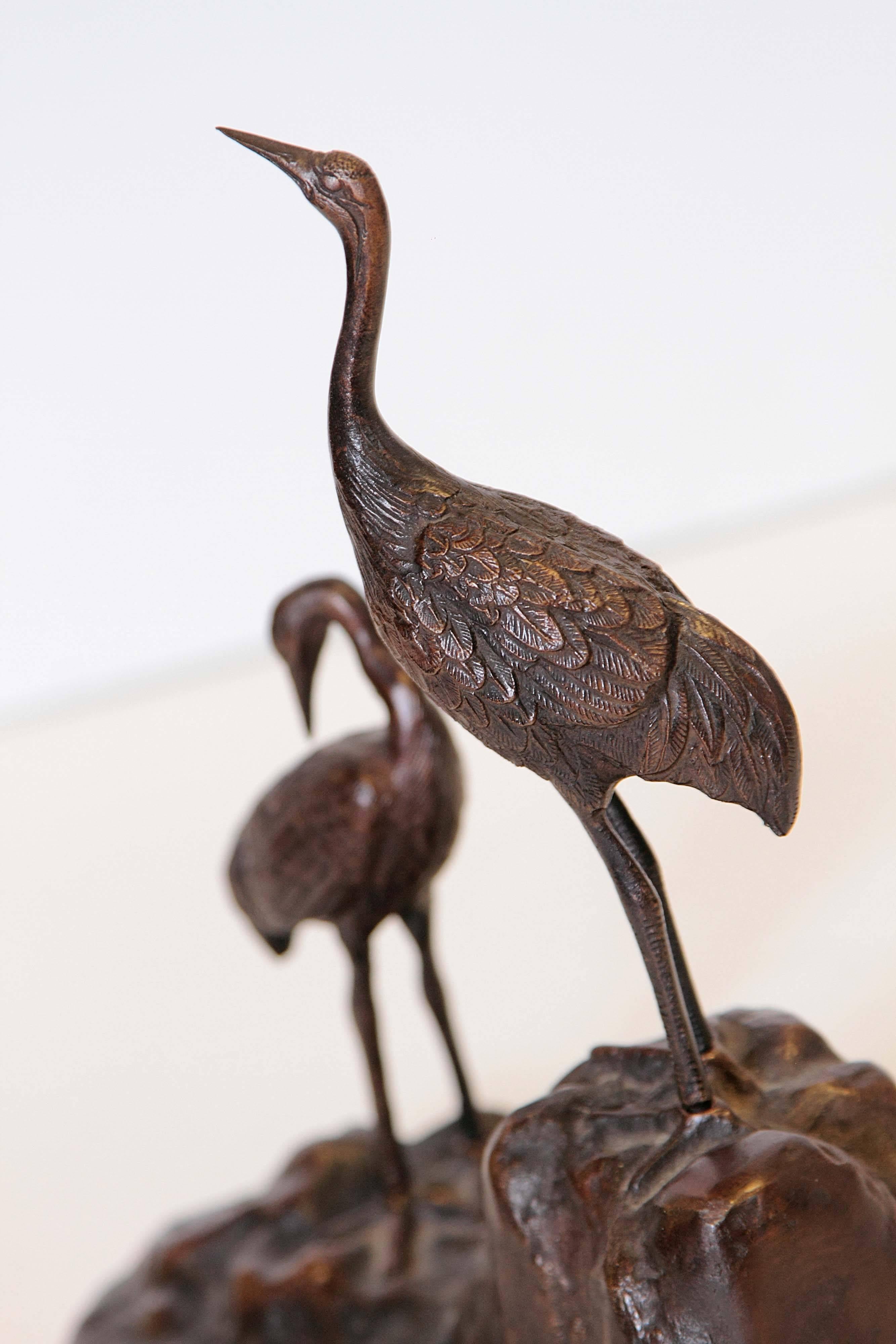 Meiji Bronze Sculpture of Japanese Cranes on a Rocky Shoreline