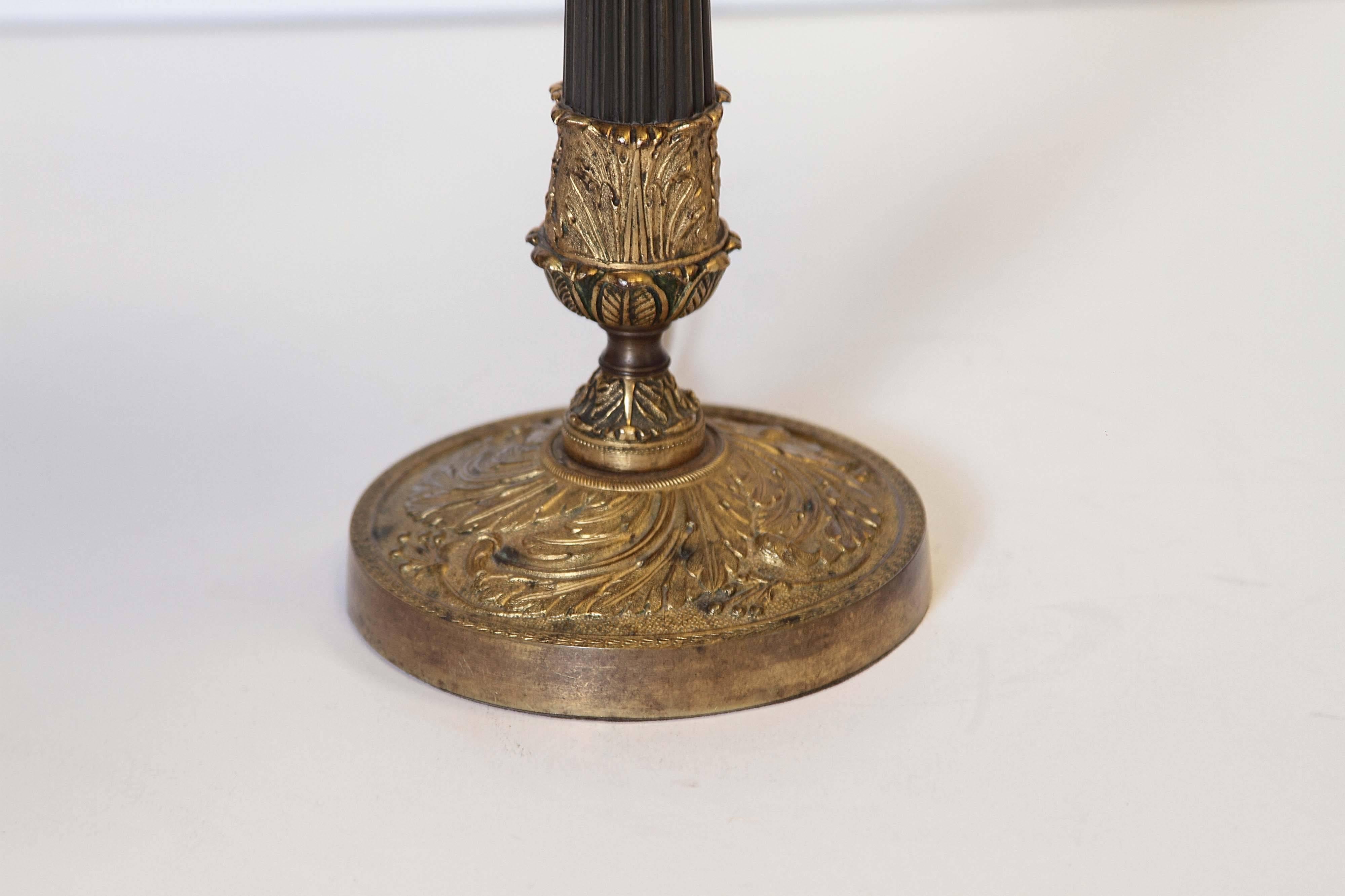 Gilt French Charles X Bronze Column Lamp with Tole Shade