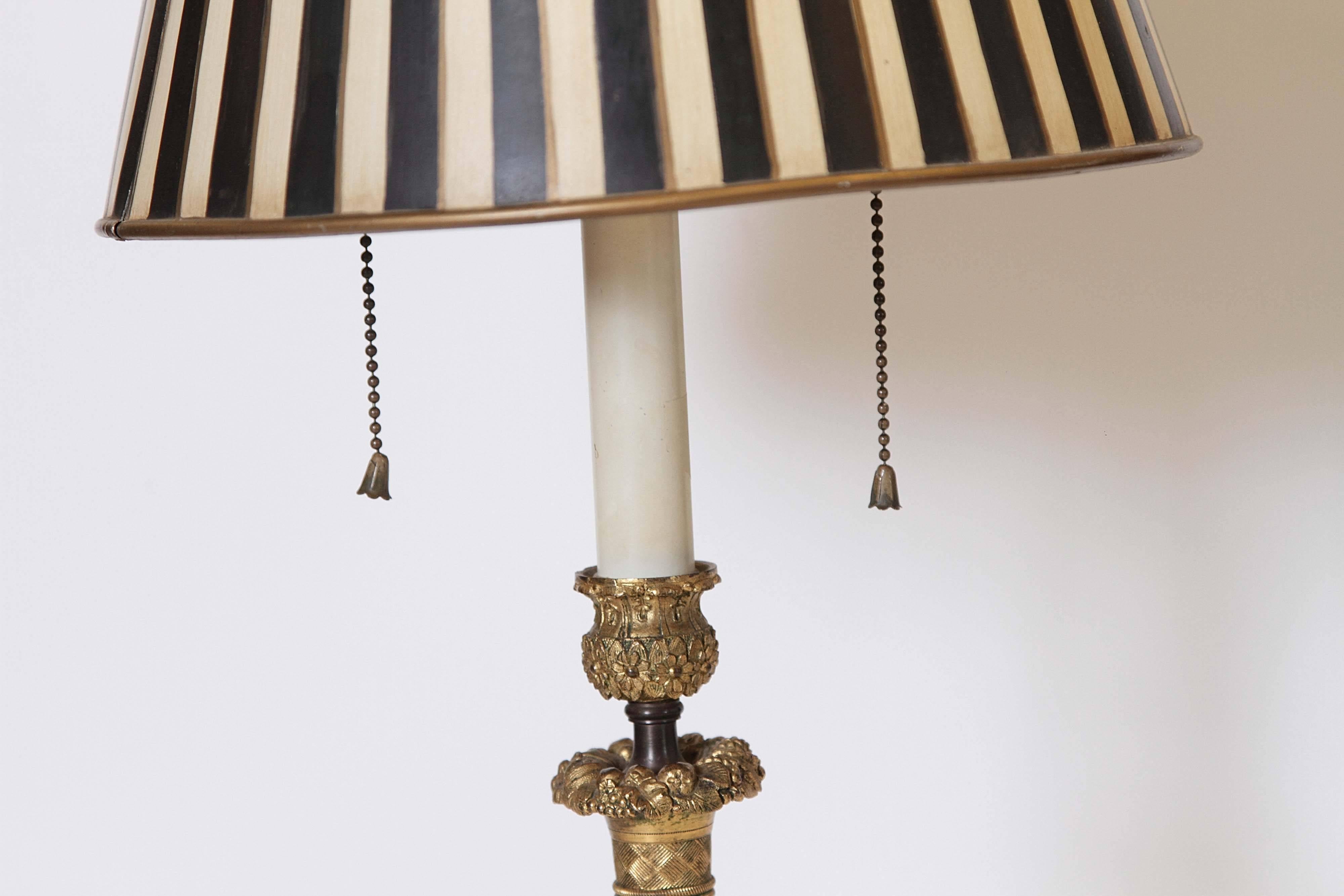 19th Century French Charles X Bronze Column Lamp with Tole Shade