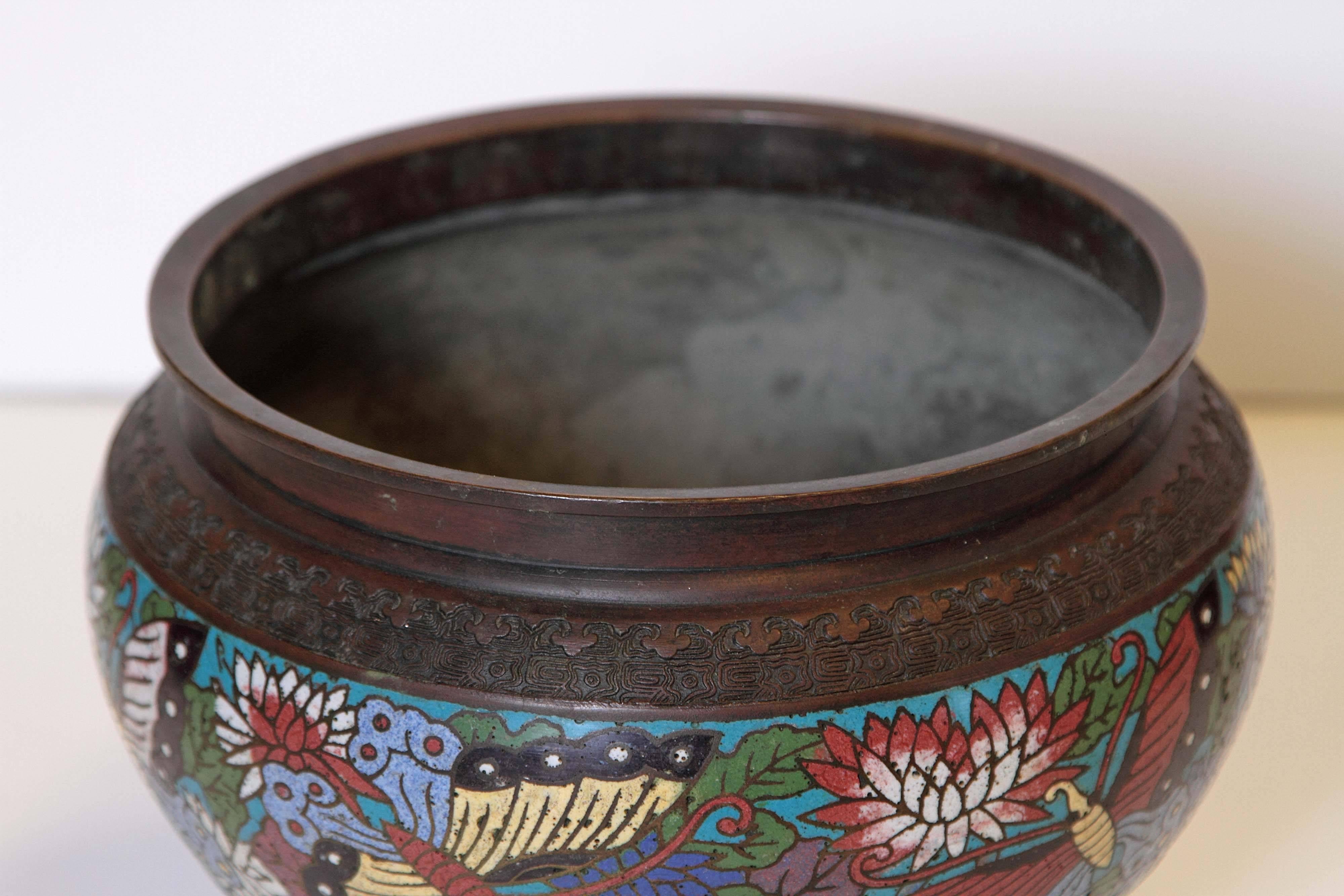 Bronze 19th Century Cloisonné Footed Jardiniere For Sale