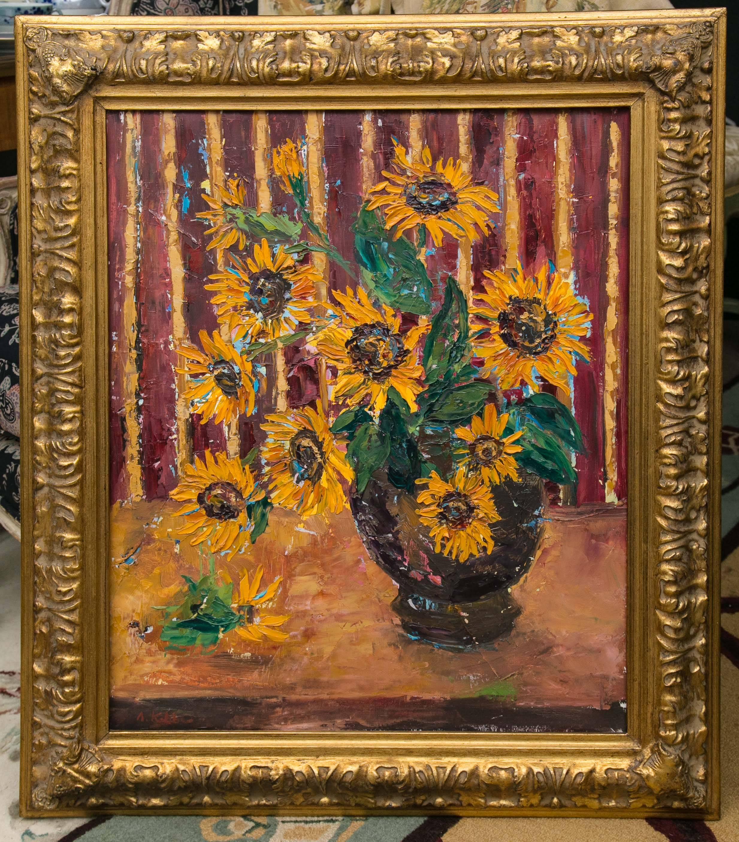 Allison Kibbe oil on canvas sunflowers and vase in gilt frame. Vibrant and beautiful colors - A fisher island New York native - Allison Kibbe's art is done with a palette knife and always in vibrant tones paying fine attention to the care of the