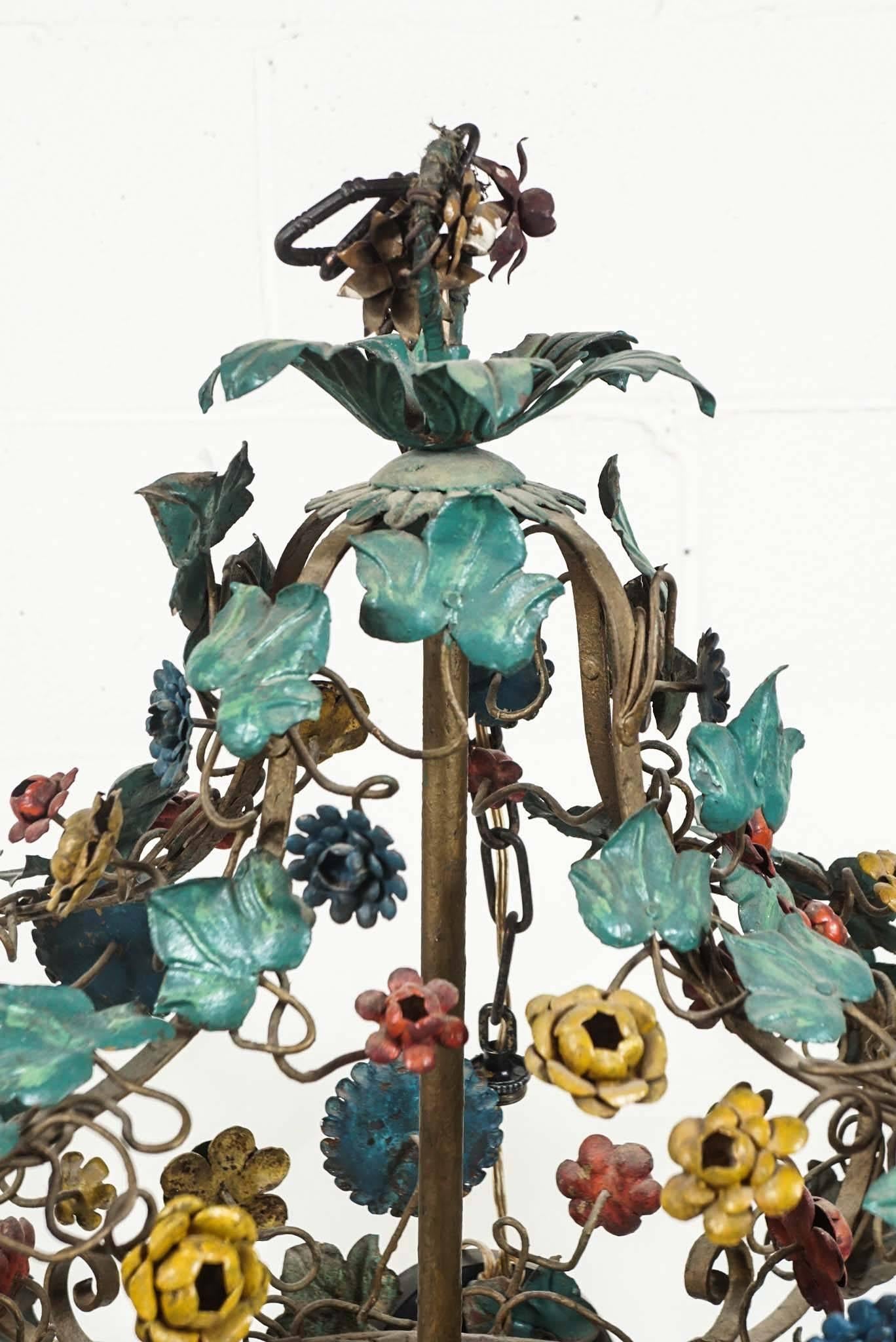 French Tole Flower Chandelier with Glass Cylinder For Sale