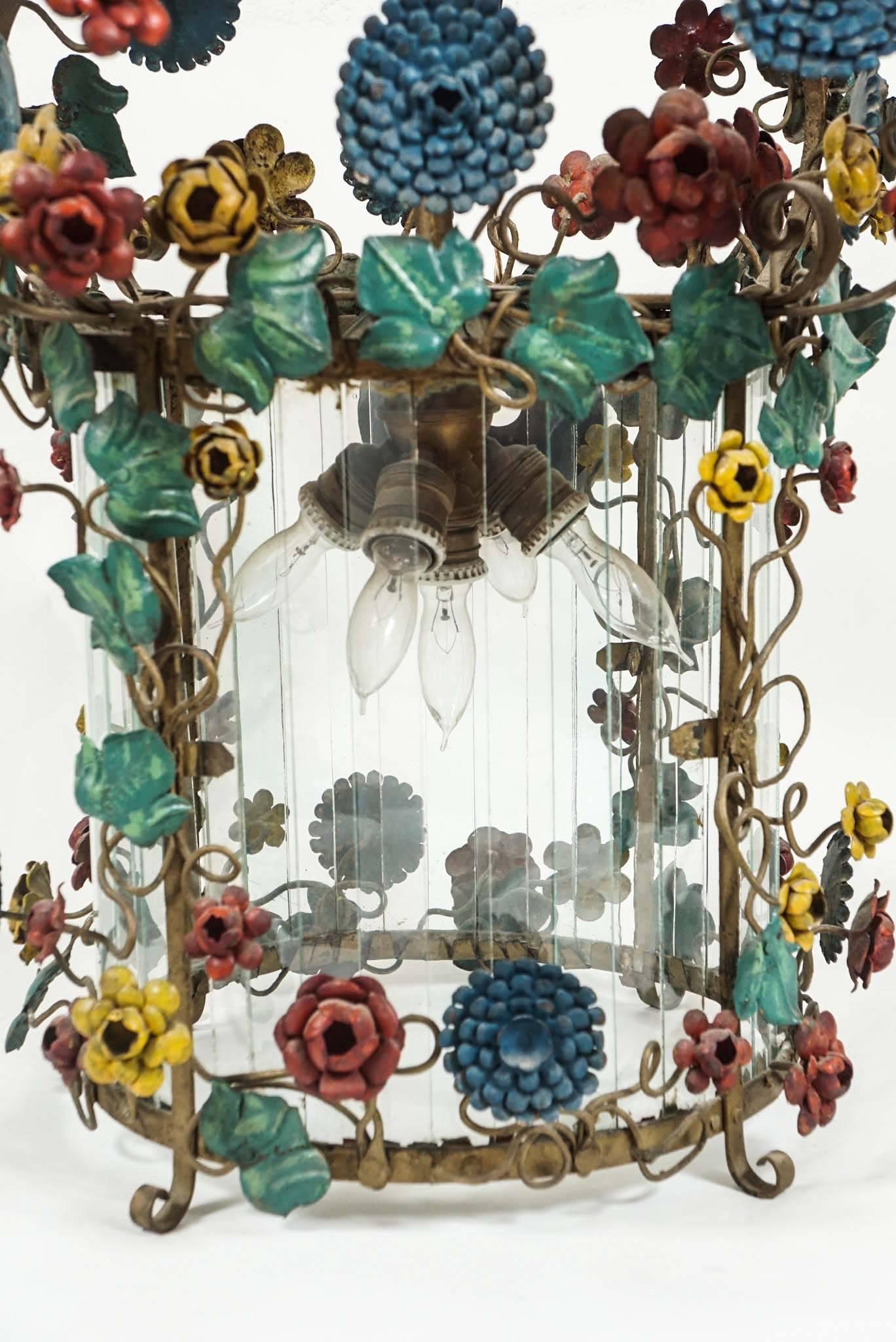 Tole Flower Chandelier with Glass Cylinder In Excellent Condition For Sale In Hudson, NY