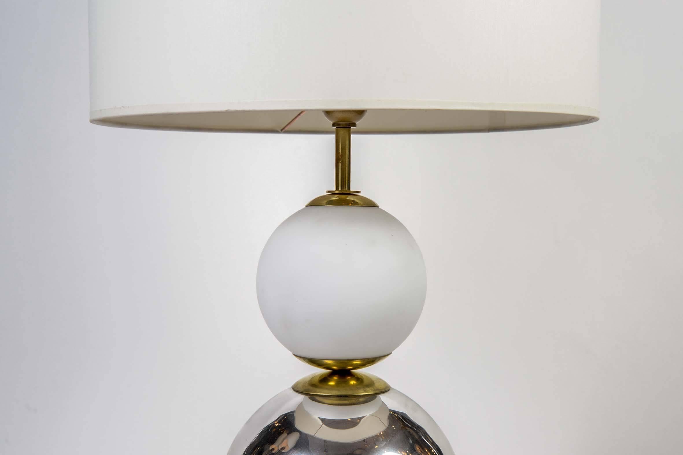 Italian White and Chrome Pair of Glass Table Lamps