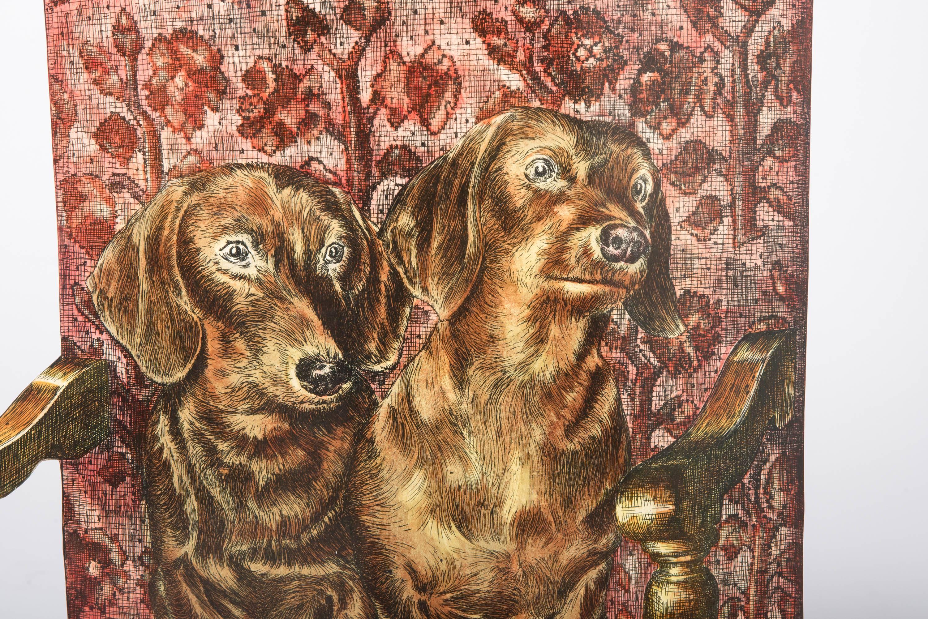 An umbrella stand by Piero Fornasetti.
“Bassotti” two Dachshunds sat on a chair.
Metal.
Lithographically printed and hand coloured.
Italy, circa 1960
Measures: 63 cm high x 50 cm wide x 17 cm deep.