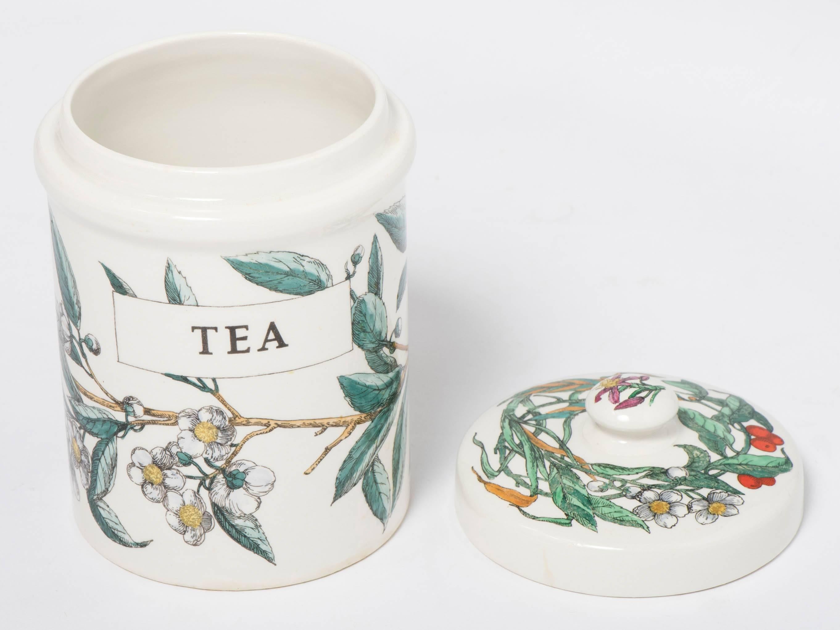 An early porcelain jar with cover by Piero Fornasetti.
“Tea”
lithographically printed and hand-painted.
Mark to base.
Italy, circa 1960.
Measures: 17.5 cm high x 12 cm diameter.
 