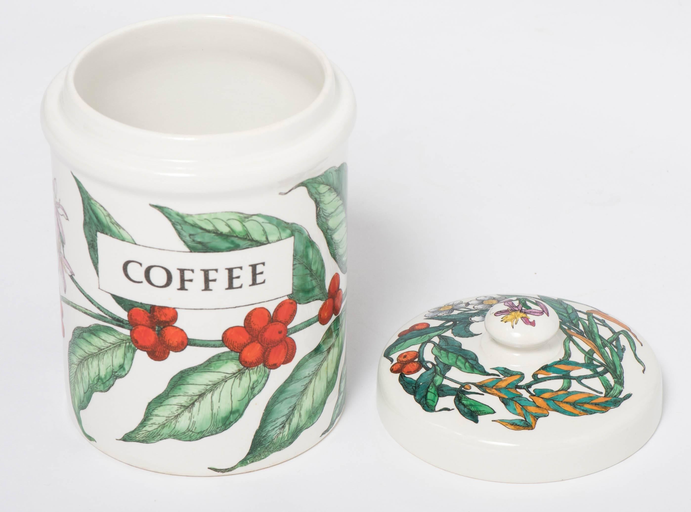An early Porcelain Jar with cover by Piero Fornasetti.
“Coffee.”
Lithographically printed and hand-painted.
Mark to base,
Italy, circa 1960.
Measures: 17.5 cm high x 12 cm diameter.
 