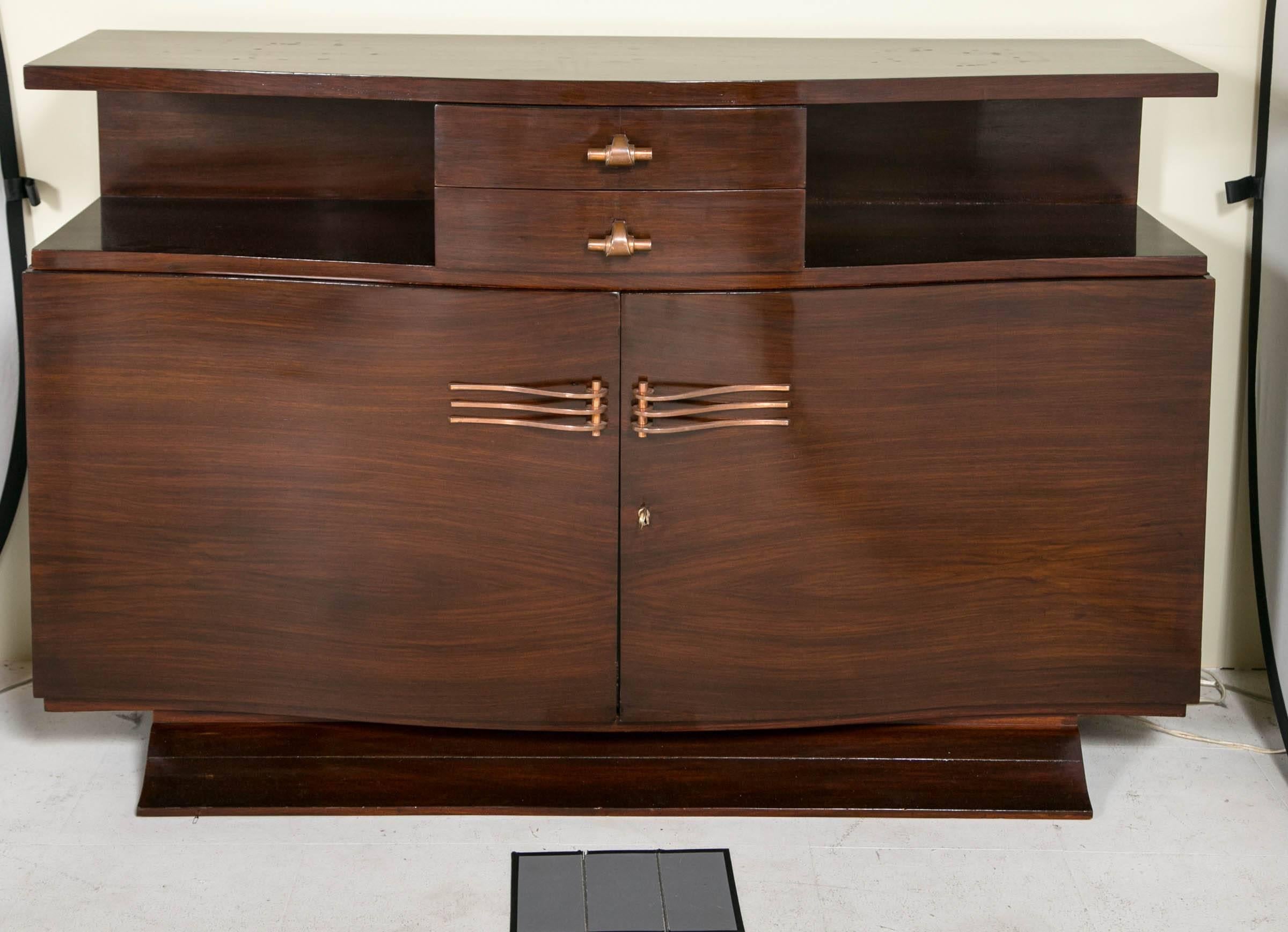 French 1935 Art Deco rosewood sideboard with bow fronted design.