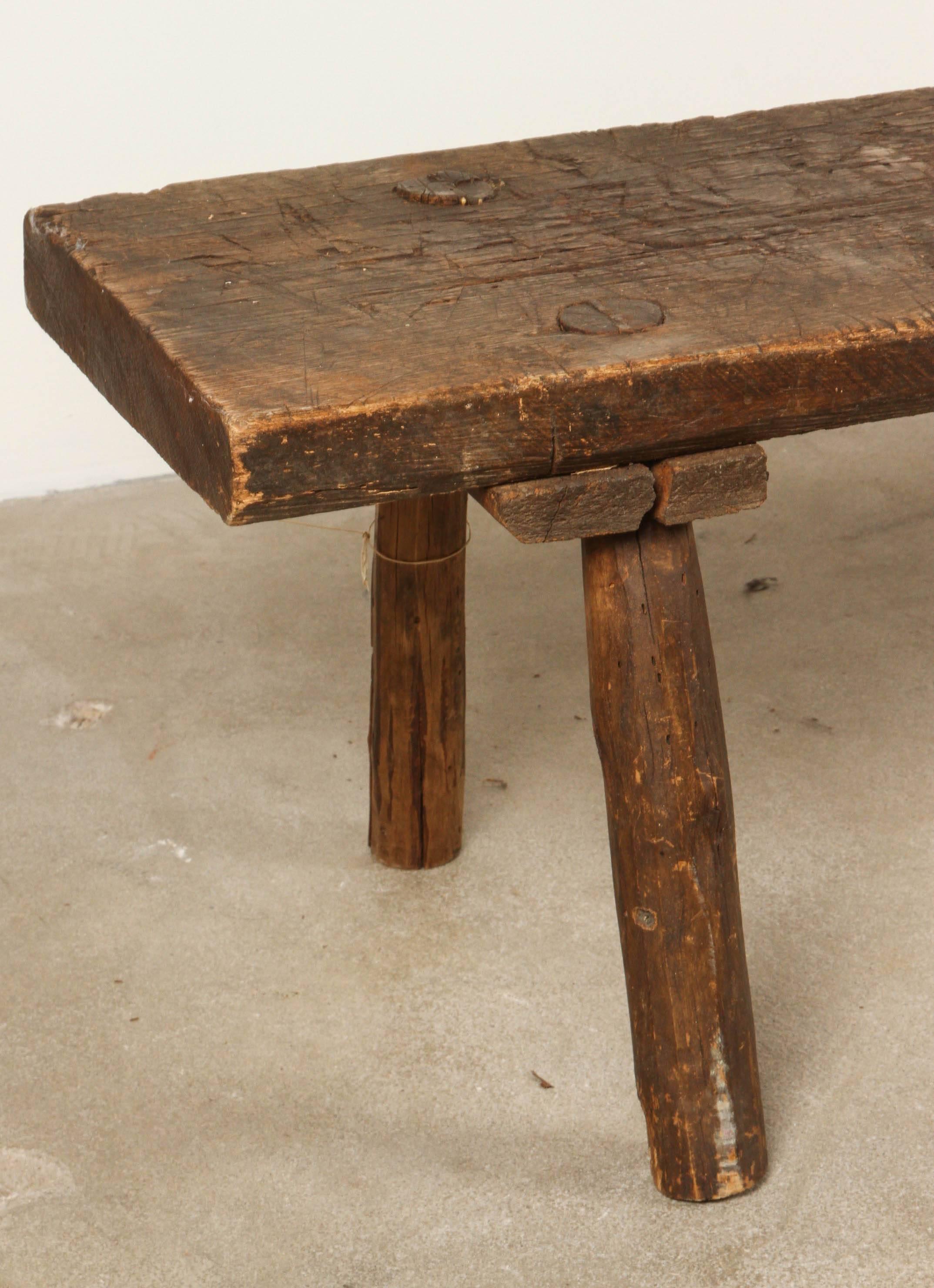 Italian Long Primitive Rustic Bench In Distressed Condition In Los Angeles, CA