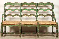 Green and Red Painted Mexican Bench with Rush Seat