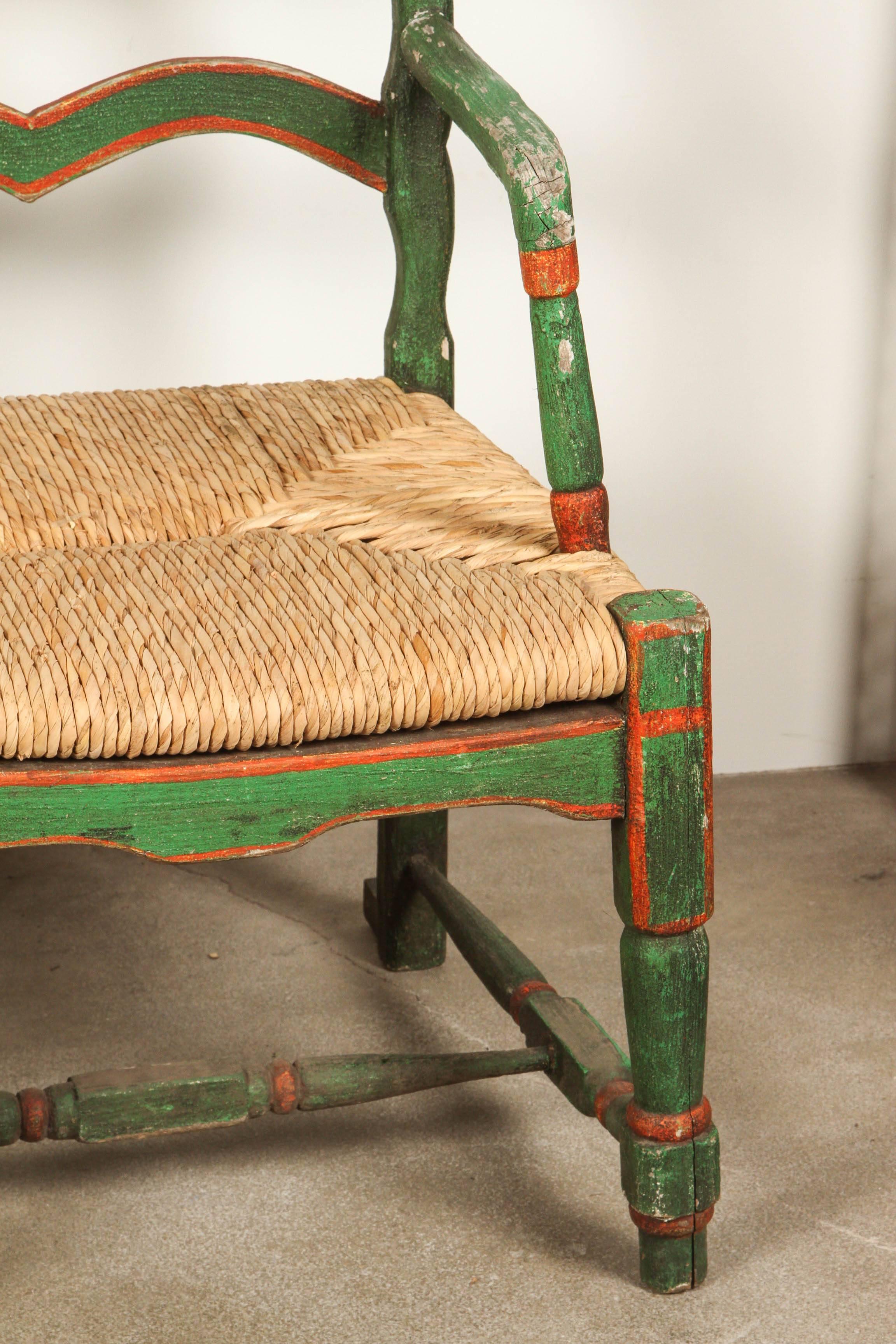 Folk Art Green and Red Painted Mexican Bench with Rush Seat