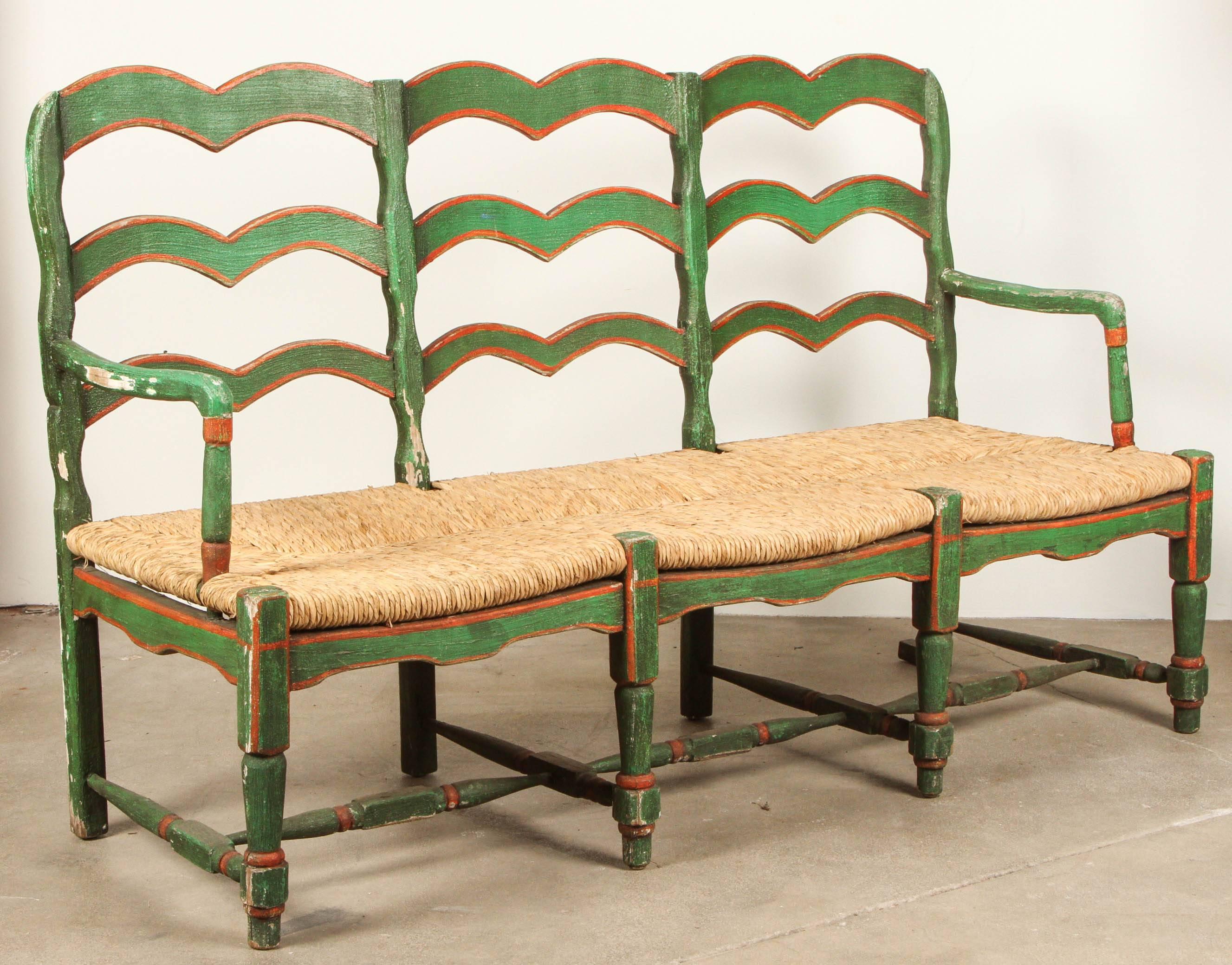 Green and Red Painted Mexican Bench with Rush Seat In Distressed Condition In Los Angeles, CA