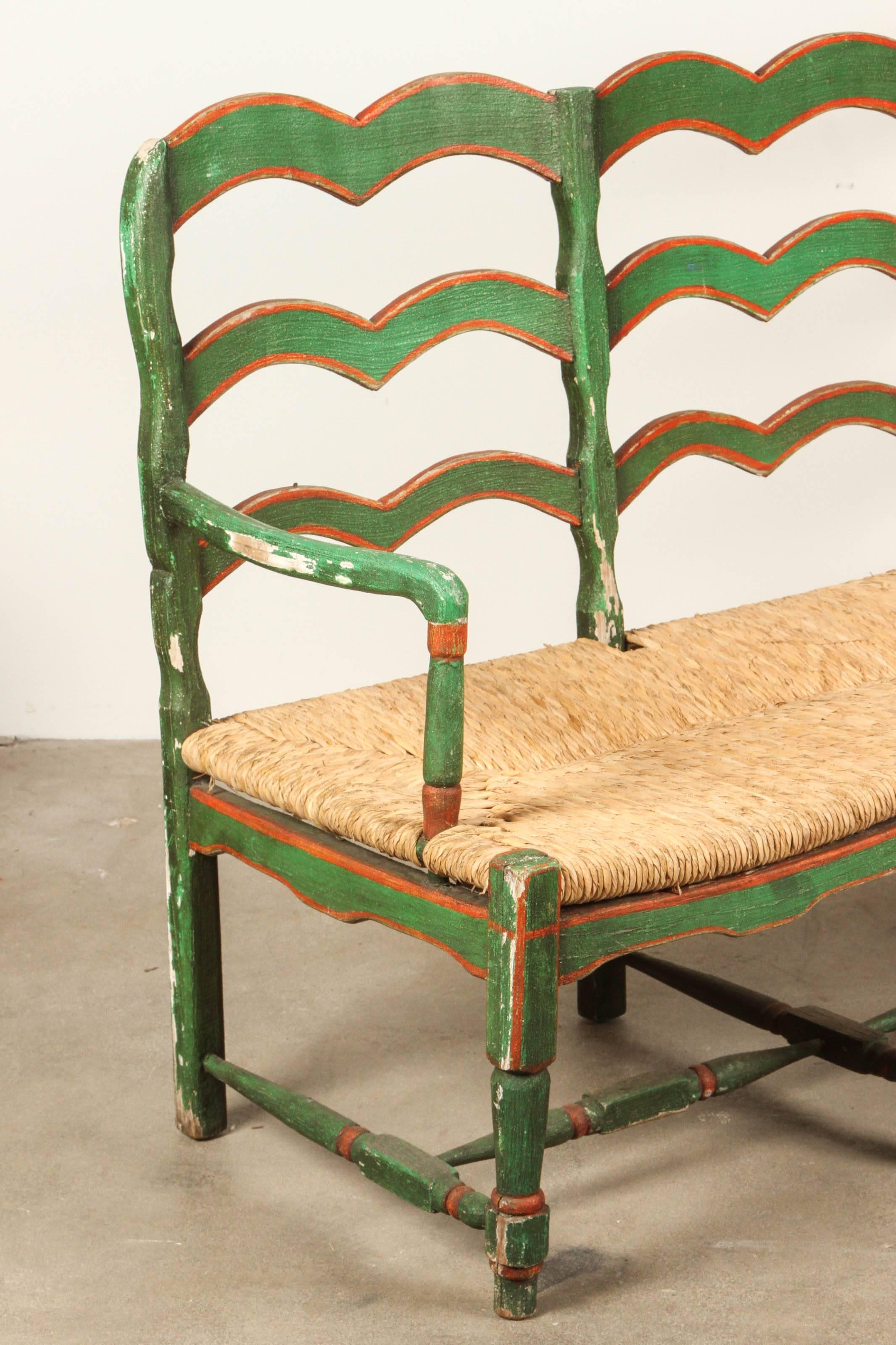 20th Century Green and Red Painted Mexican Bench with Rush Seat