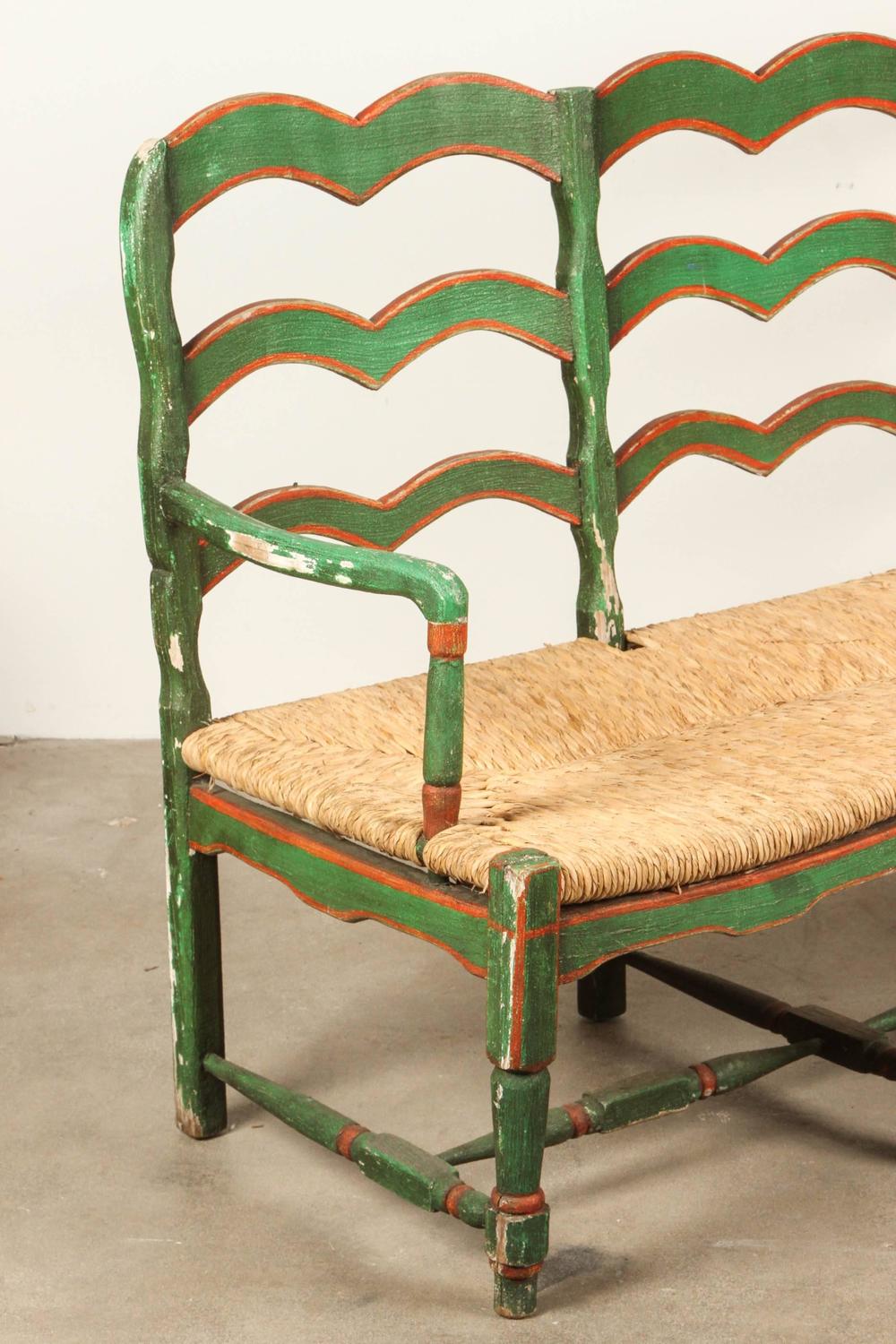 Green and Red Painted Mexican Bench with Rush Seat For Sale at 1stdibs