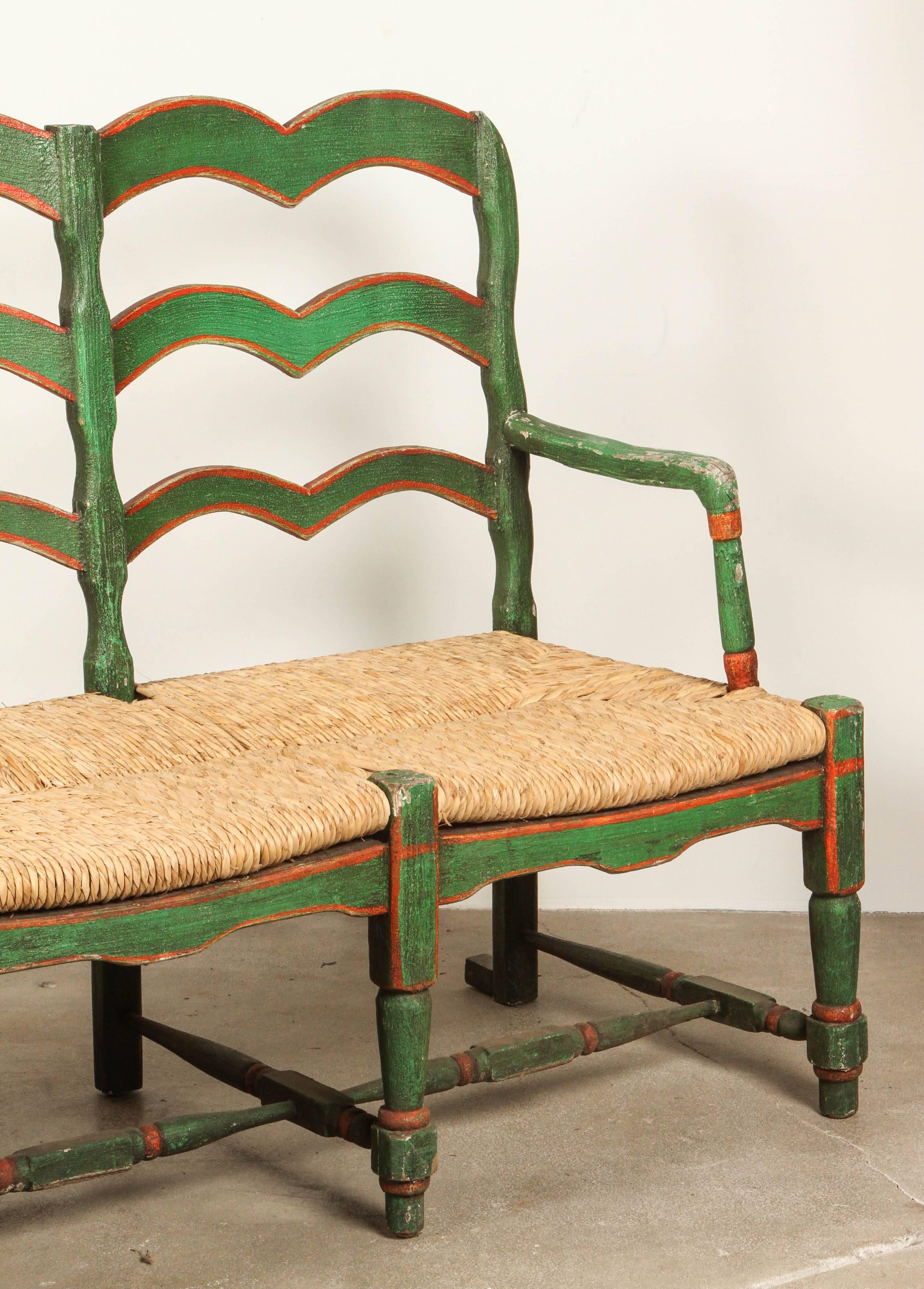 Green and Red Painted Mexican Bench with Rush Seat 1