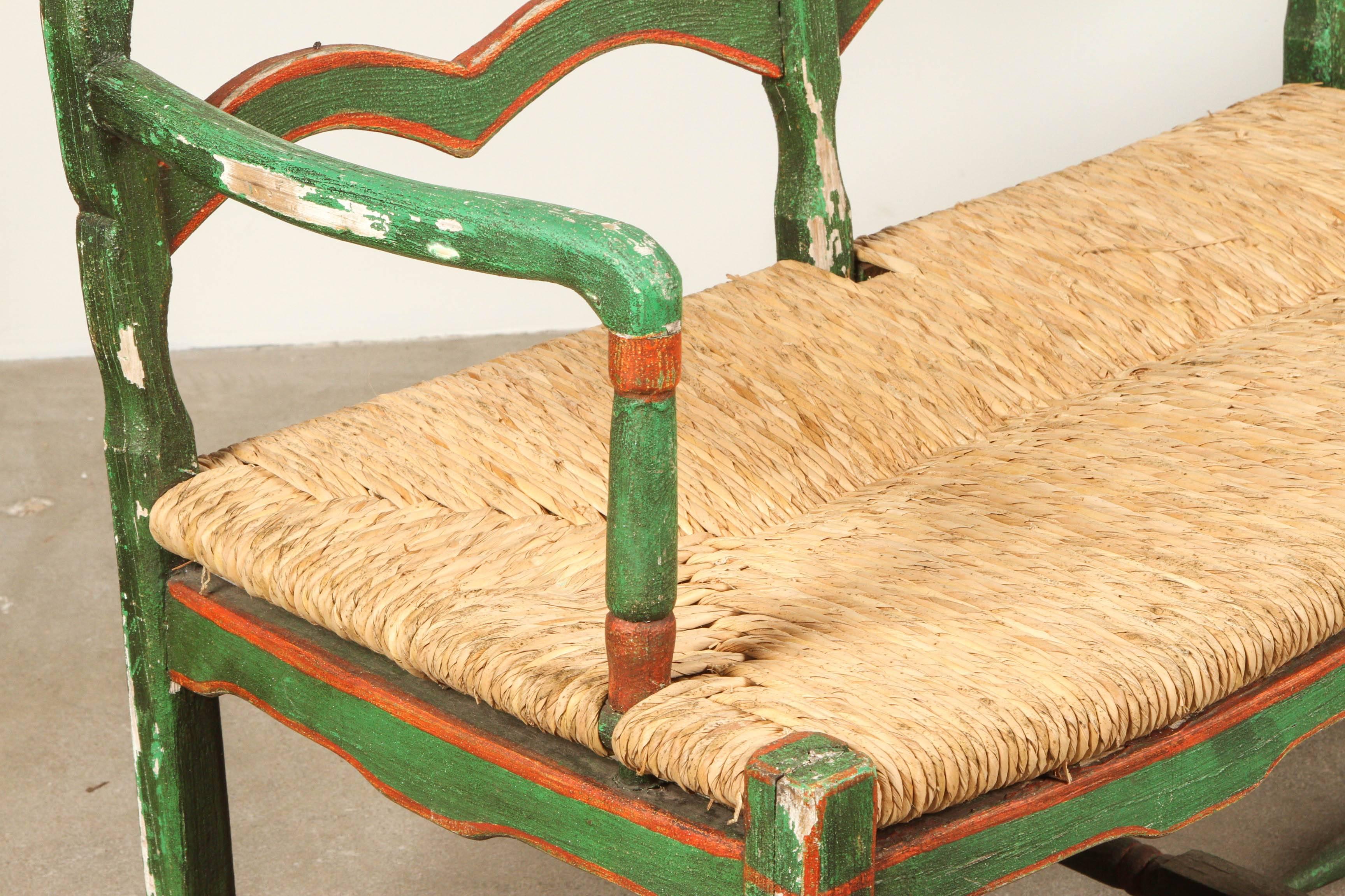 Green and Red Painted Mexican Bench with Rush Seat 2