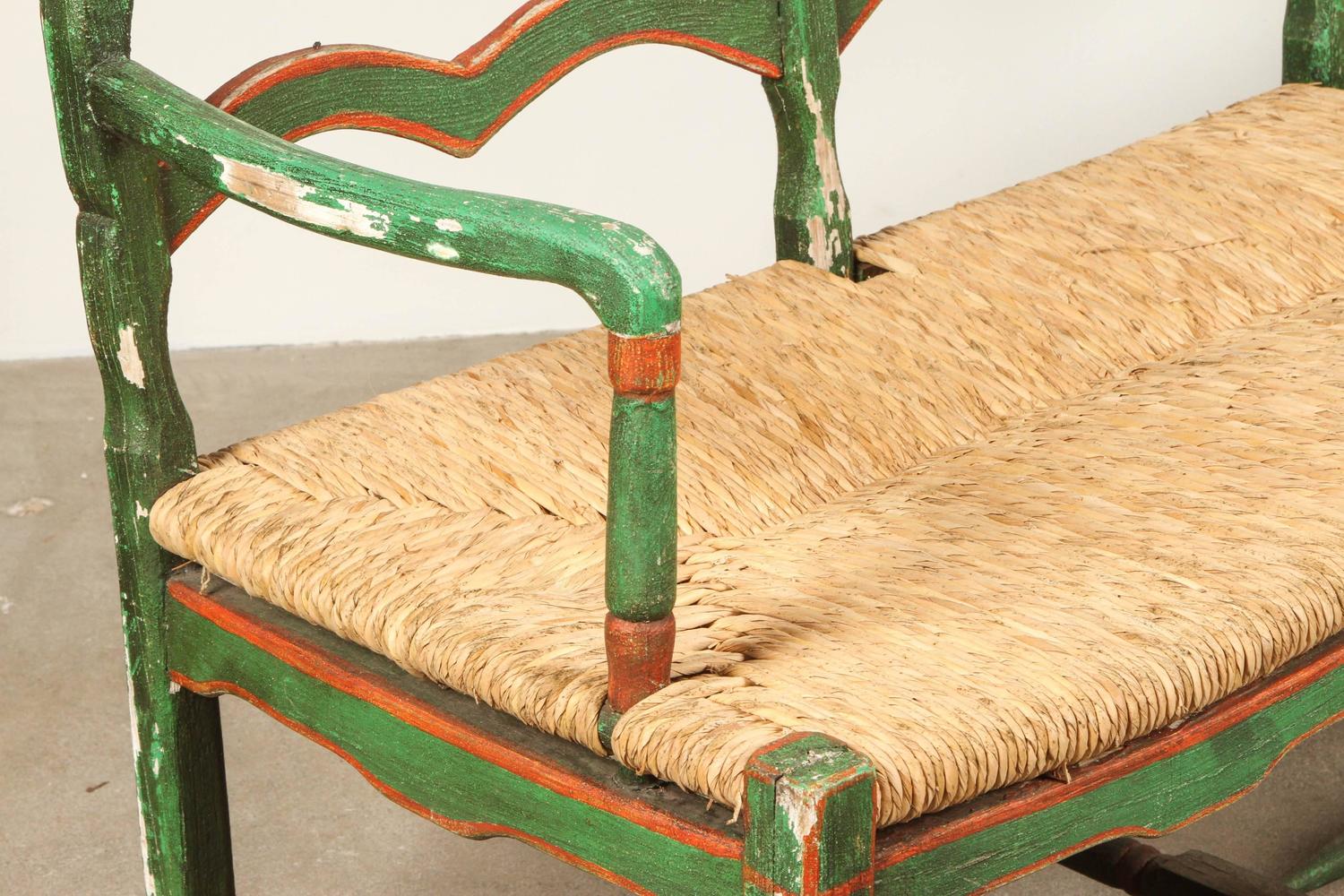 Green and Red Painted Mexican Bench with Rush Seat For Sale at 1stdibs