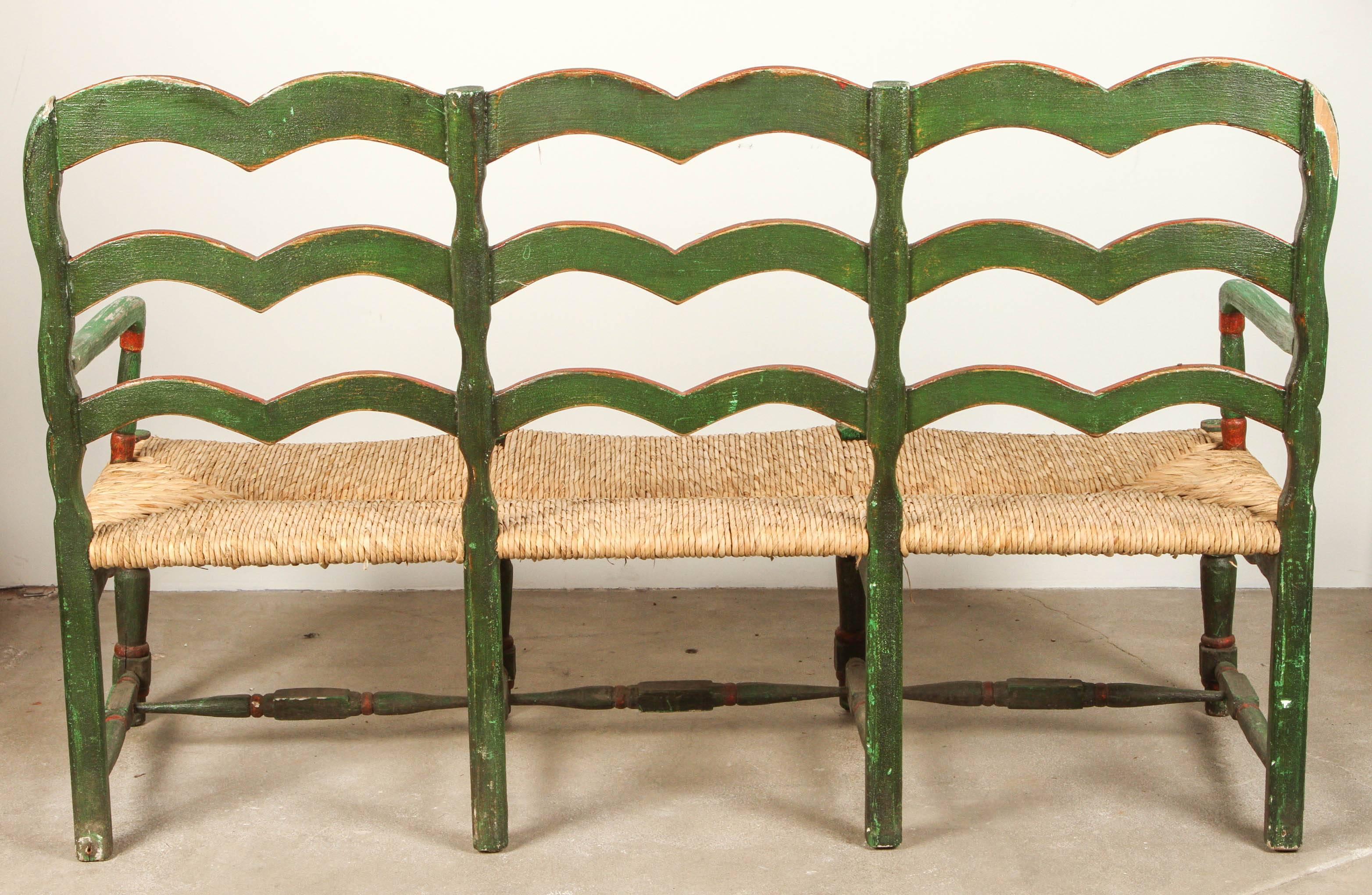 Green and Red Painted Mexican Bench with Rush Seat 3