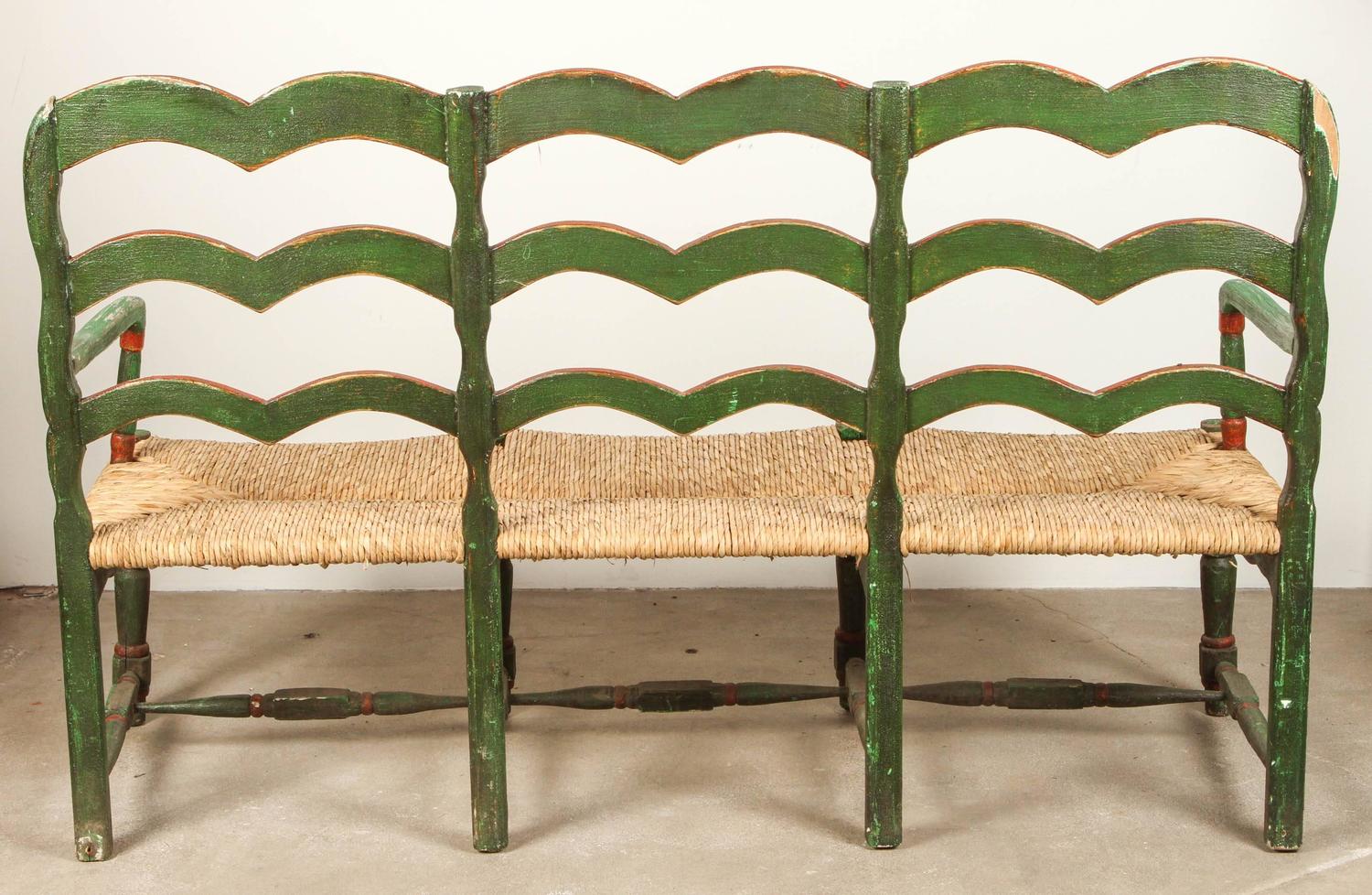Green and Red Painted Mexican Bench with Rush Seat For Sale at 1stdibs