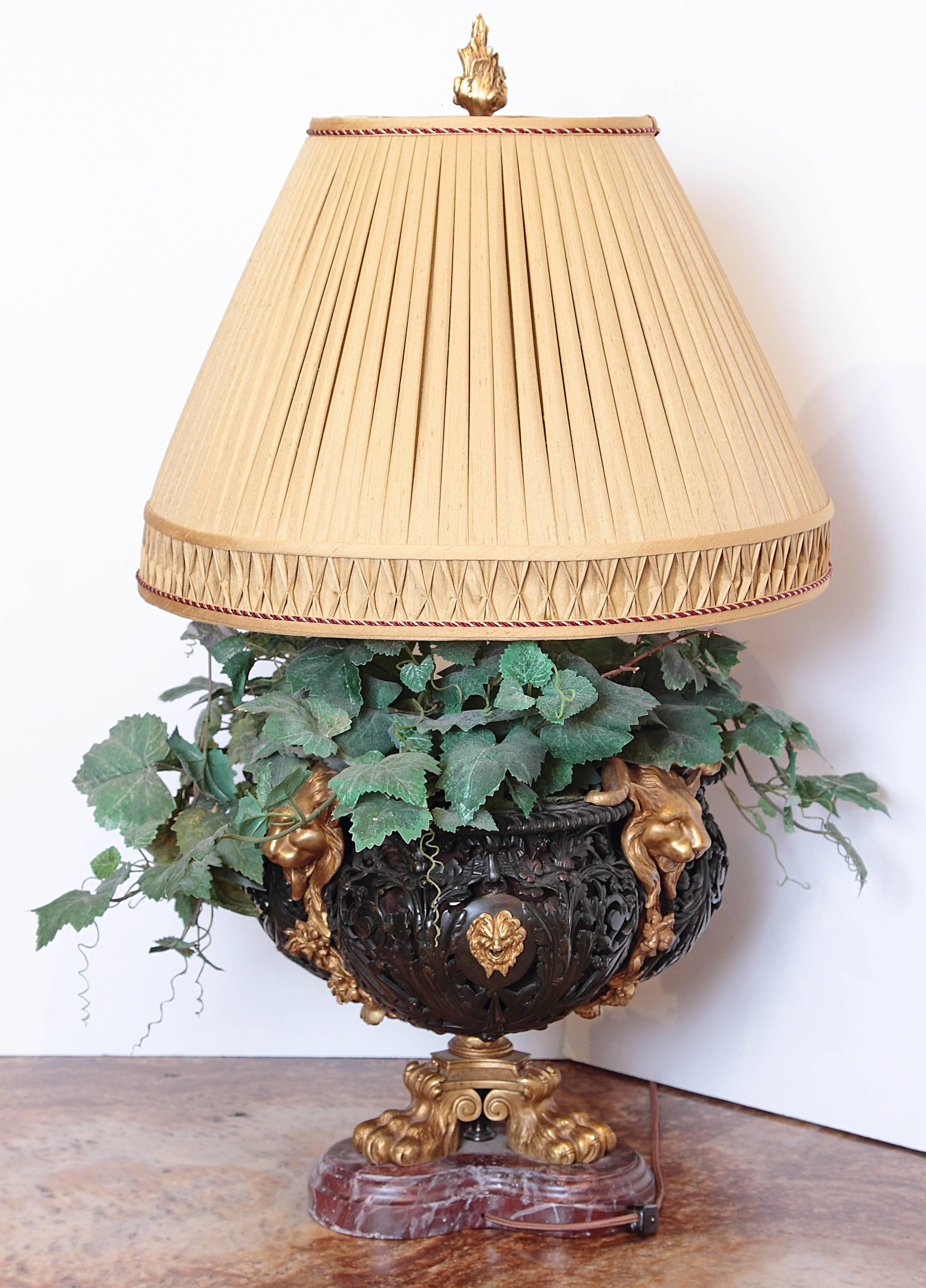 European 19th Century Patinated and Gilt Bronze Planter, Made into Lamp