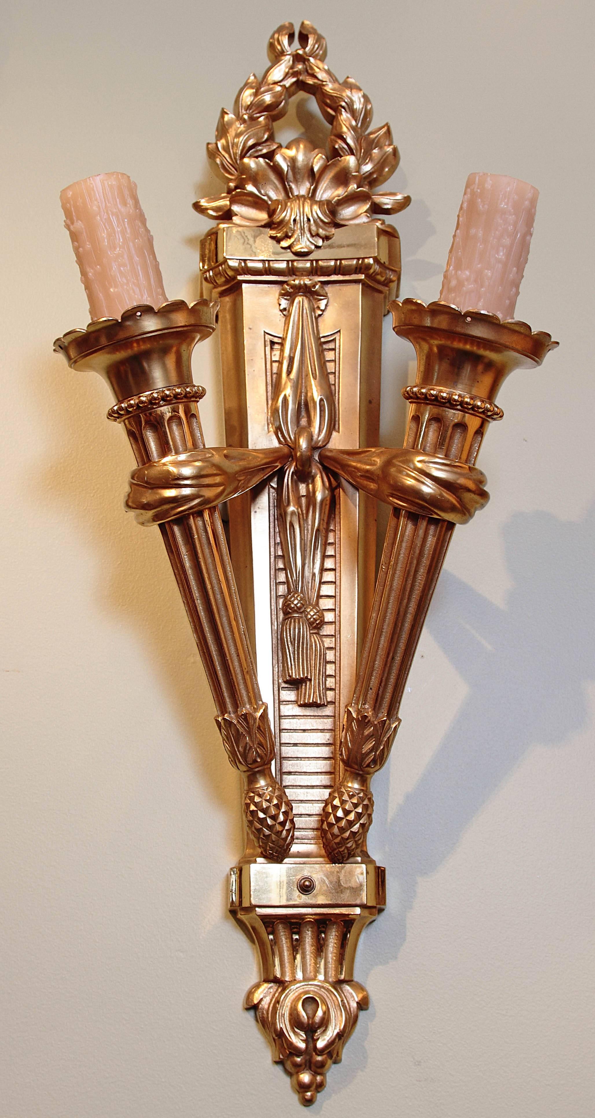 19th Century French Empire Large Gilt Bronze Sconces In Excellent Condition In Dallas, TX