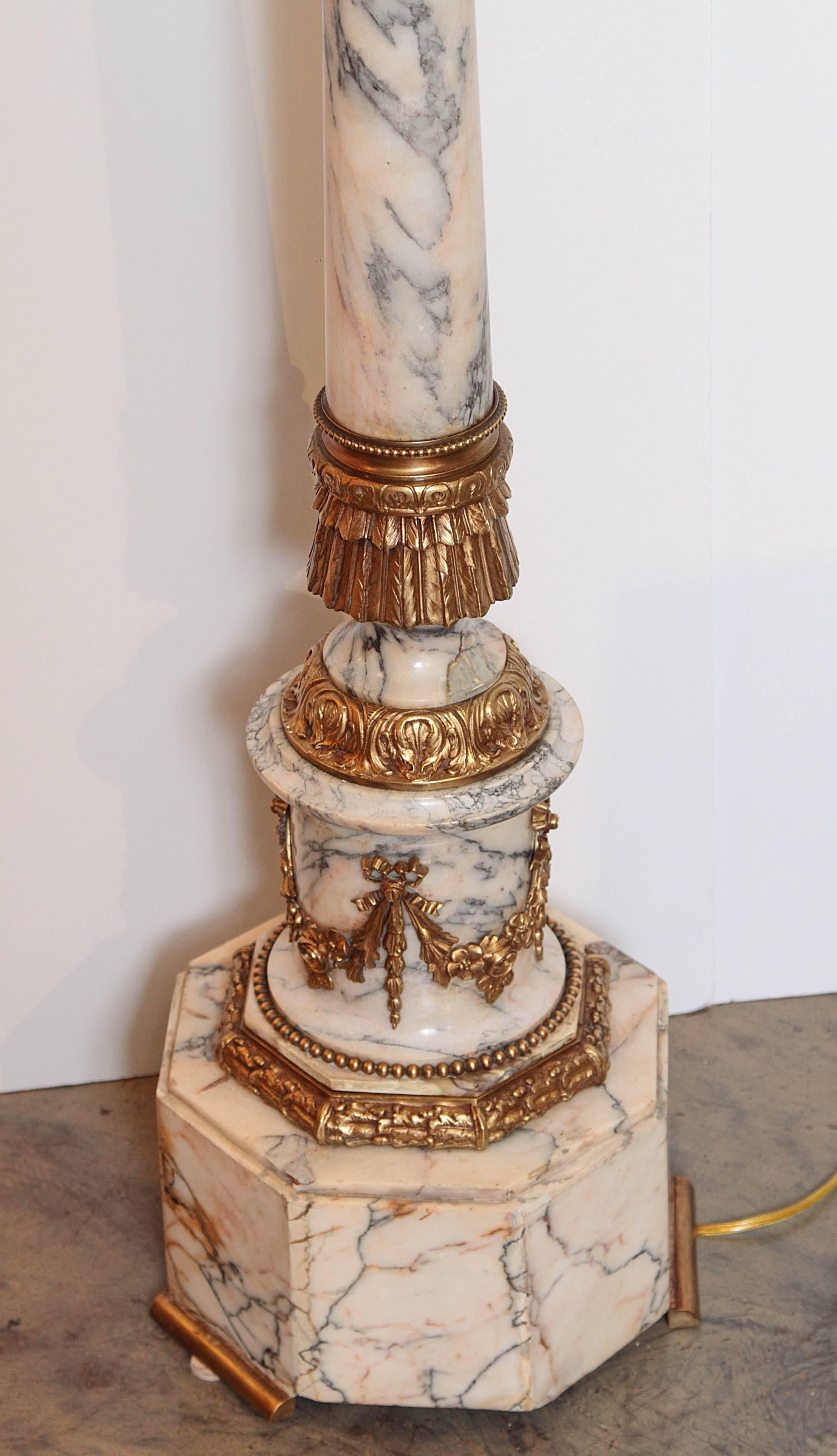 Late 19th Century French Louis XVI Marble and Gilt Bronze Column Floor Lamp In Excellent Condition In Dallas, TX