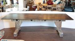 Vintage French Workshop Trestle Based Dining Table with Steel Top